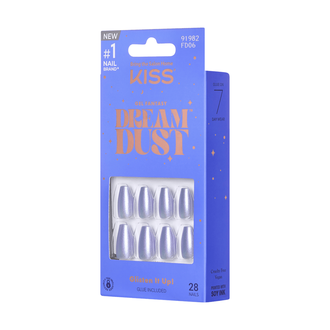 KISS Gel Fantasy Dreamdust, Press-On Nails, Diamond Life, Blue, Short Coffin, 28ct