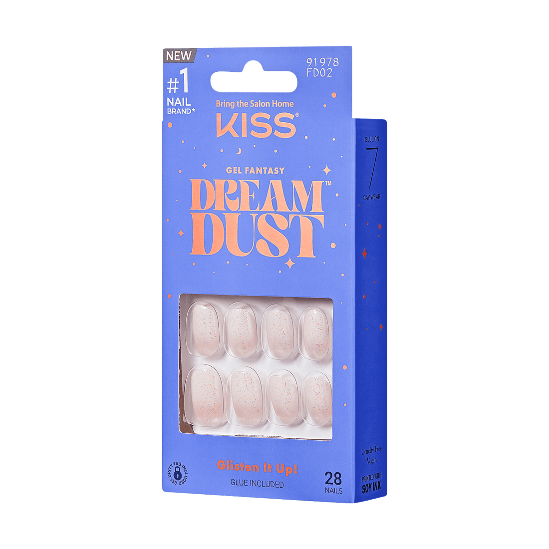 KISS Gel Fantasy Dreamdust, Press-On Nails, Silver Spoon, White, Short Oval, 28ct