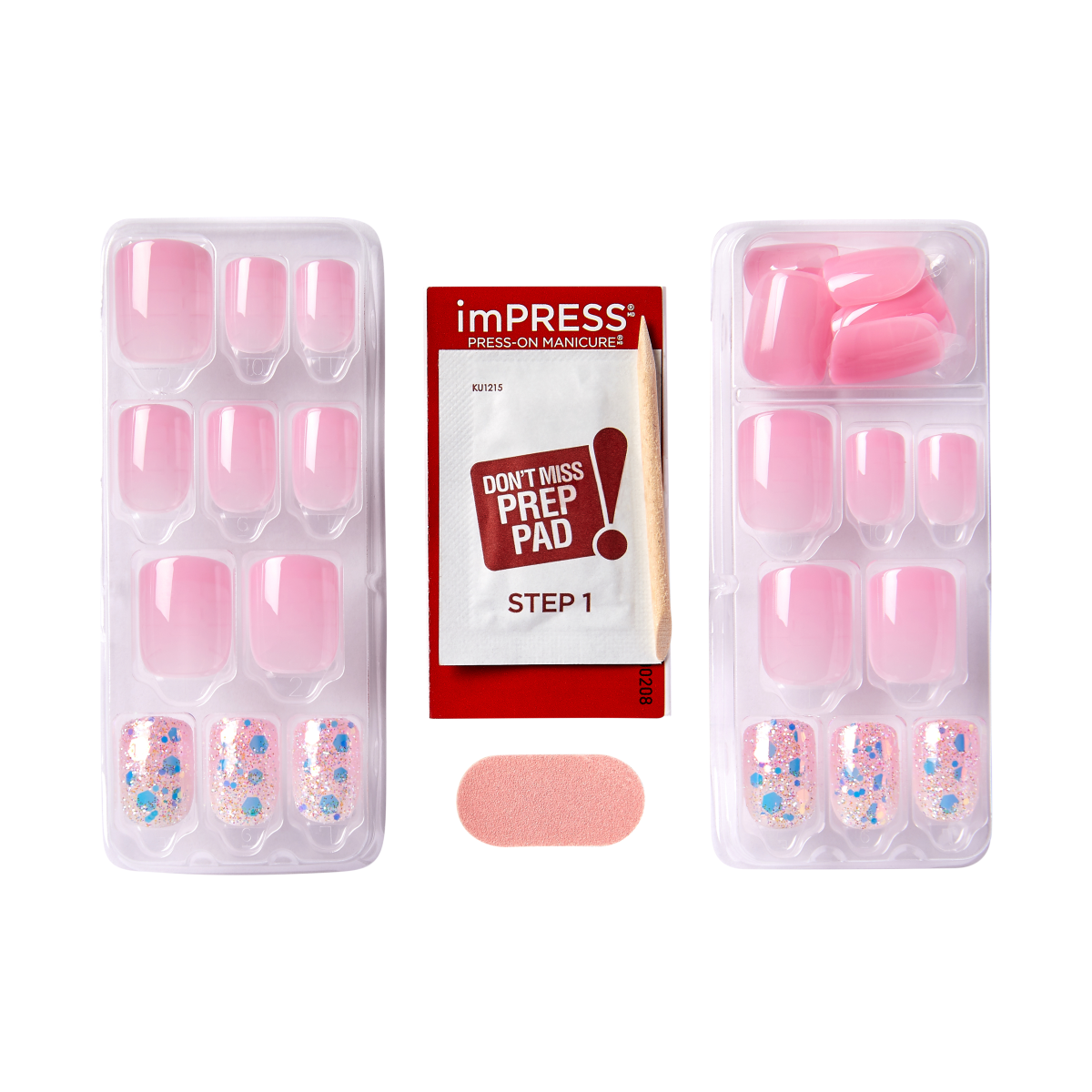 Two trays of imPRESS press-on nails in shades of pink and glitter, a red prep pad packet labeled \