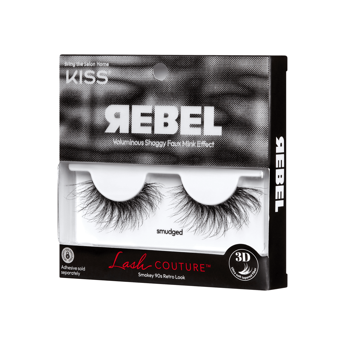 Packaging of faux mink lashes from the Rebel collection by KISS. The box features a pair of dramatic voluminous false eyelashes.