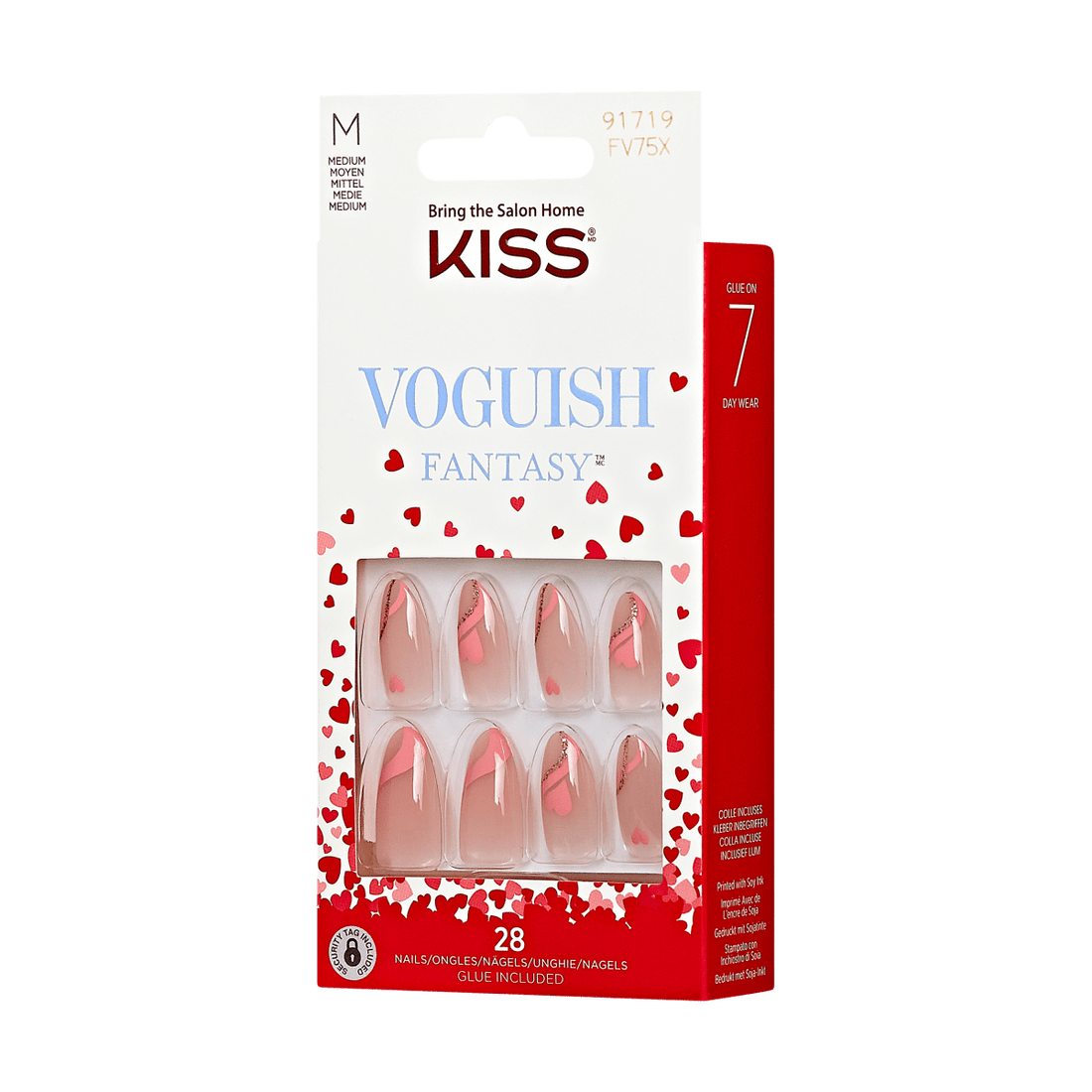 KISS Voguish Fantasy, Press-On Nails, My Valentine, Pink, Med Almond, 28ct