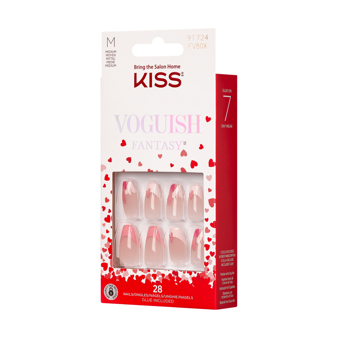 KISS Voguish Fantasy, Press-On Nails, Pink Drinks, Pink, Med Coffin, 28ct