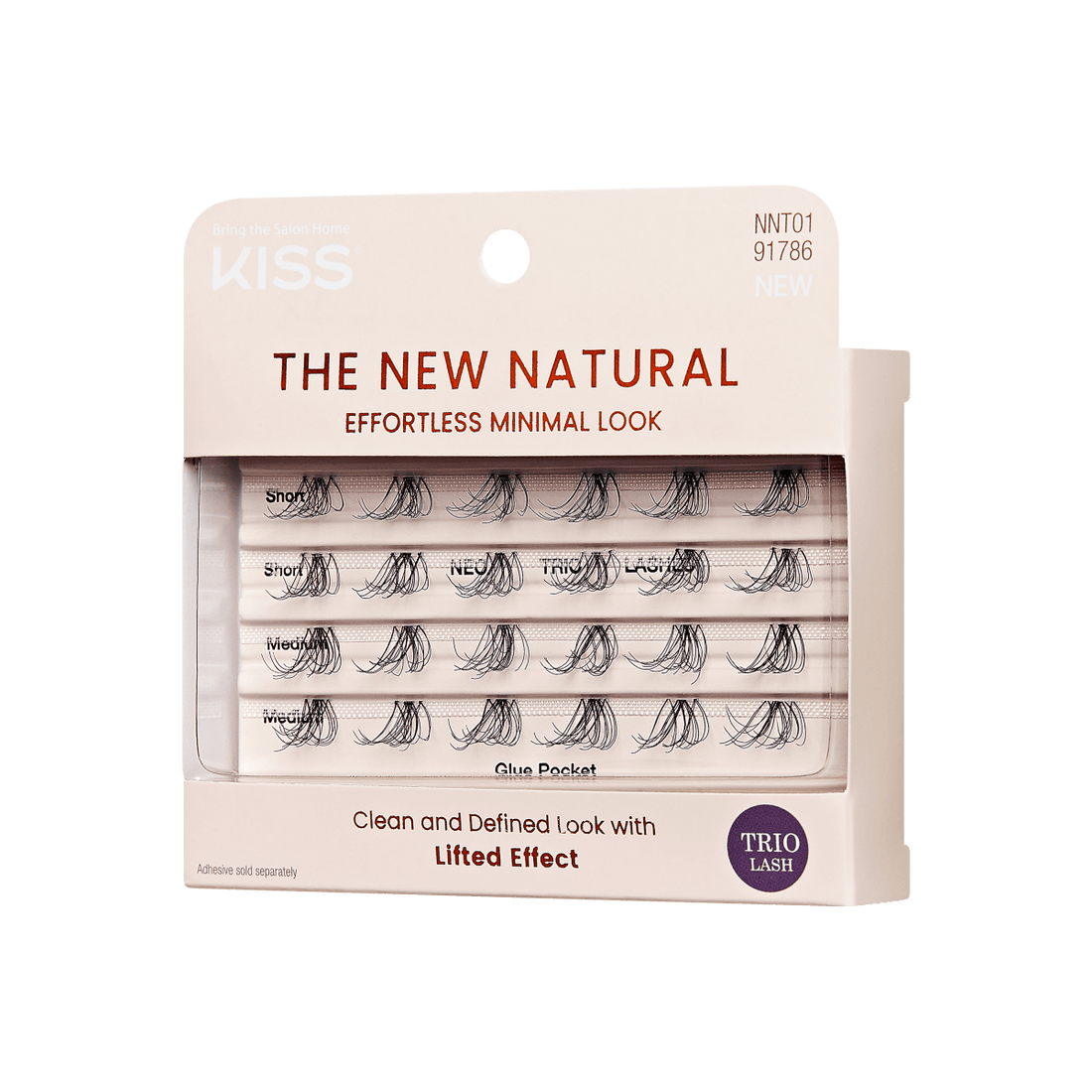 Packaging for &quot;The New Natural&quot; individual lash wisp trios from KISS. Lashes designed to look natural