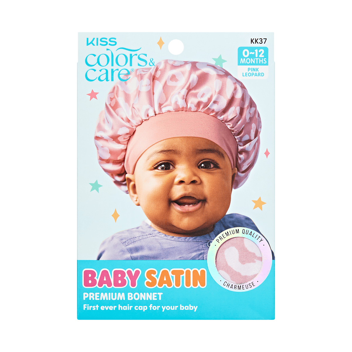 KISS Colors & Care Baby Satin Premium Bonnet, 0-12 Months - Pink Leopard