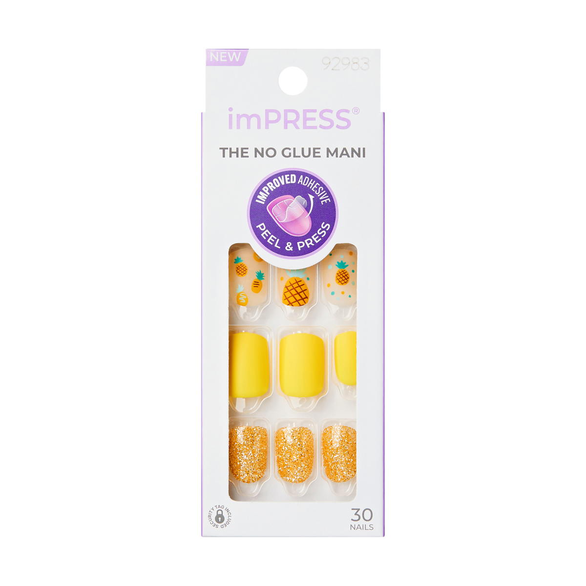 Pack of imPRESS Sun Daze press-on nails in yellow with pineapple designs and gold glitter, featuring no-glue peel and press application with improved adhesive.