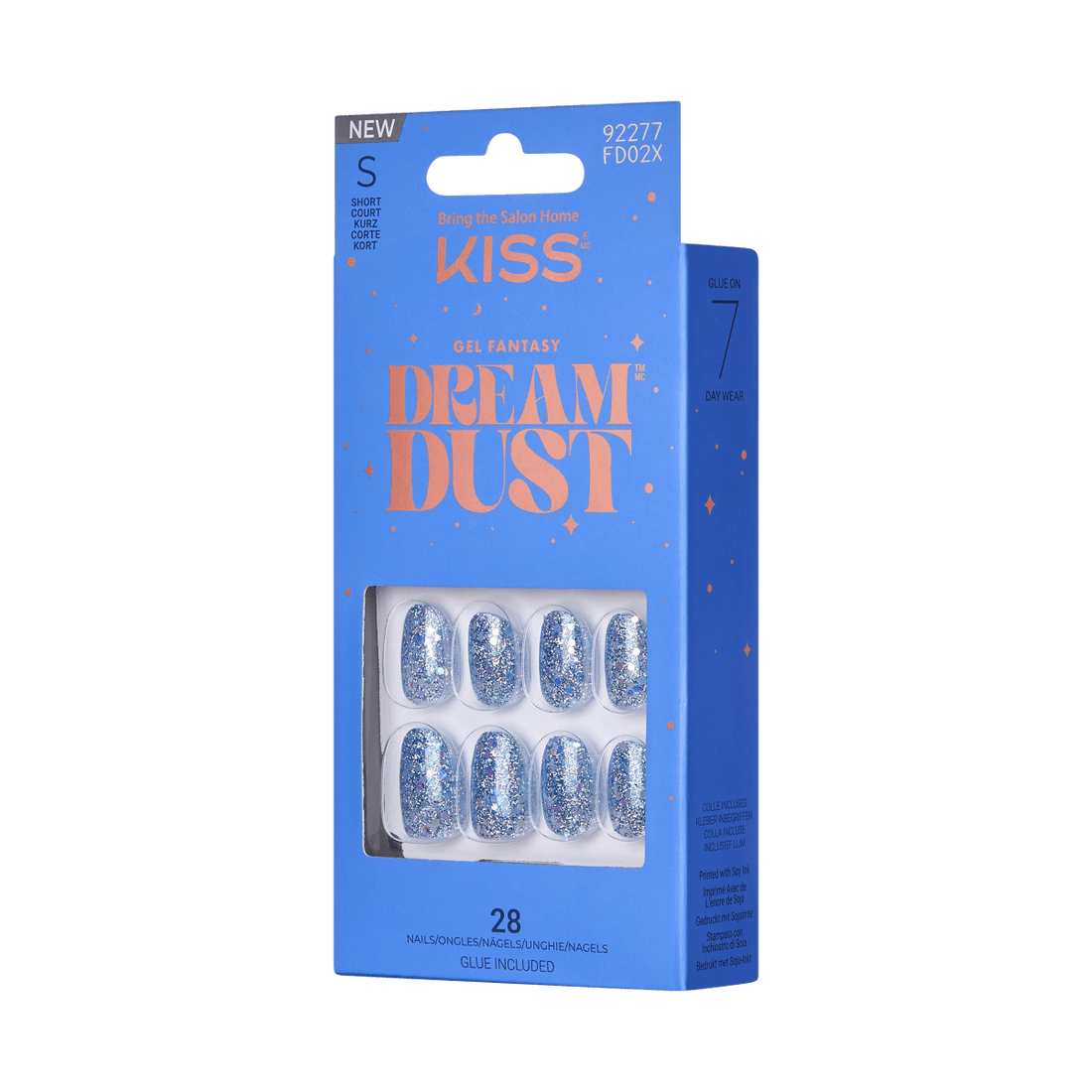KISS Gel Fantasy Dreamdust, Press-On Nails, GRWM, Blue, Short Oval, 28ct