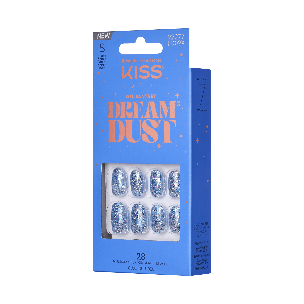 KISS Gel Fantasy Dreamdust, Press-On Nails, GRWM, Blue, Short Oval, 28ct