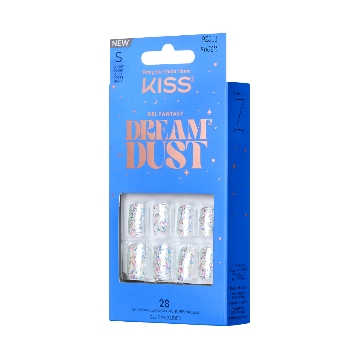 KISS Gel Fantasy Dreamdust, Press-On Nails, Mesmerized, Clear, Short Squoval, 28ct