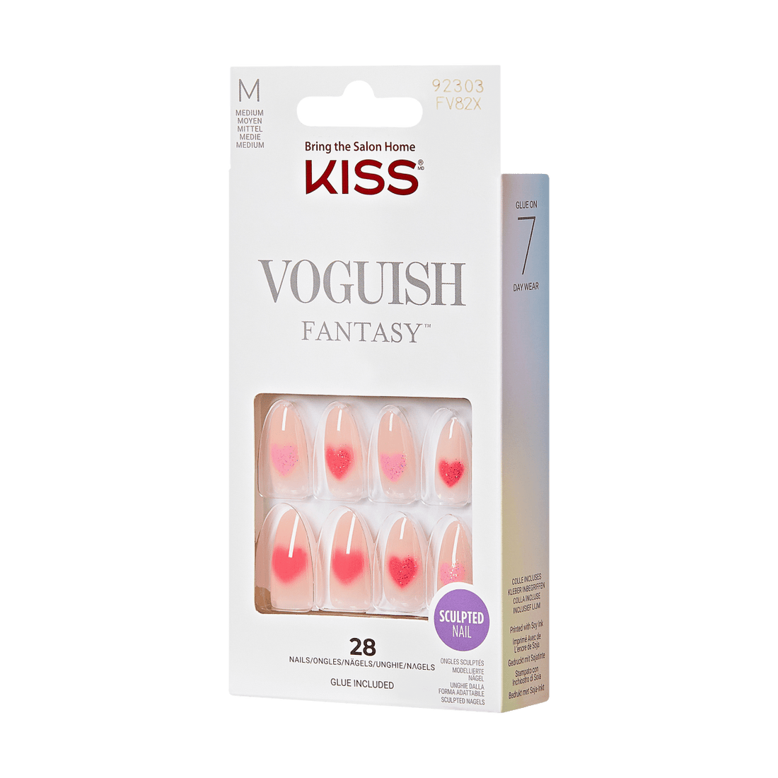 KISS Voguish Fantasy, Press-On Nails, Festive, Pink, Med Almond, 28ct