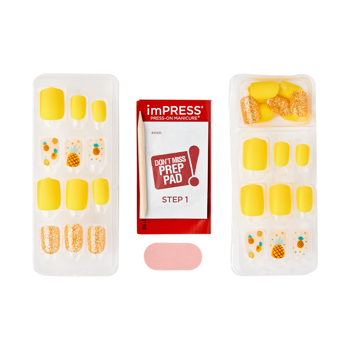 Two clear trays of imPRESS press-on nails featuring solid yellow, glittery gold, and pineapple print designs, alongside a red prep pad packet labeled \