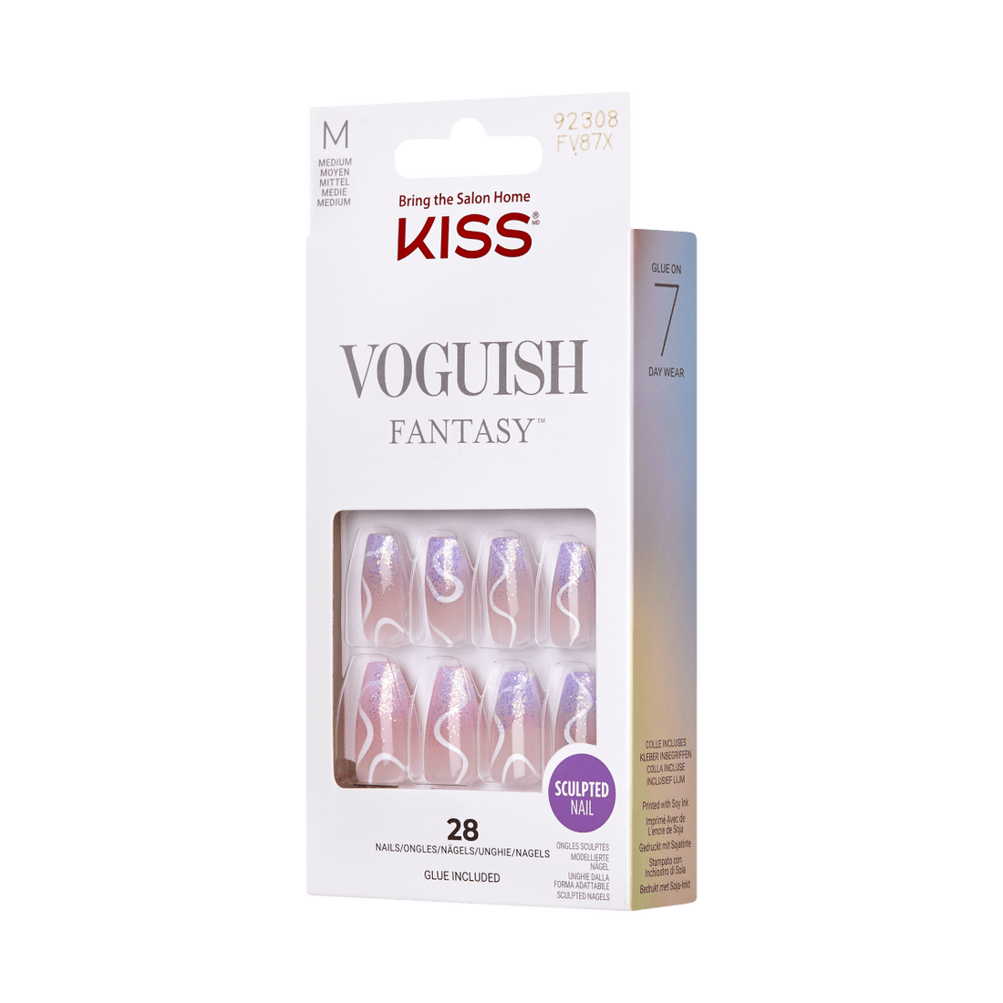 KISS Voguish Fantasy, Press-On Nails, Monday Blues, Purple, Med Coffin, 28ct