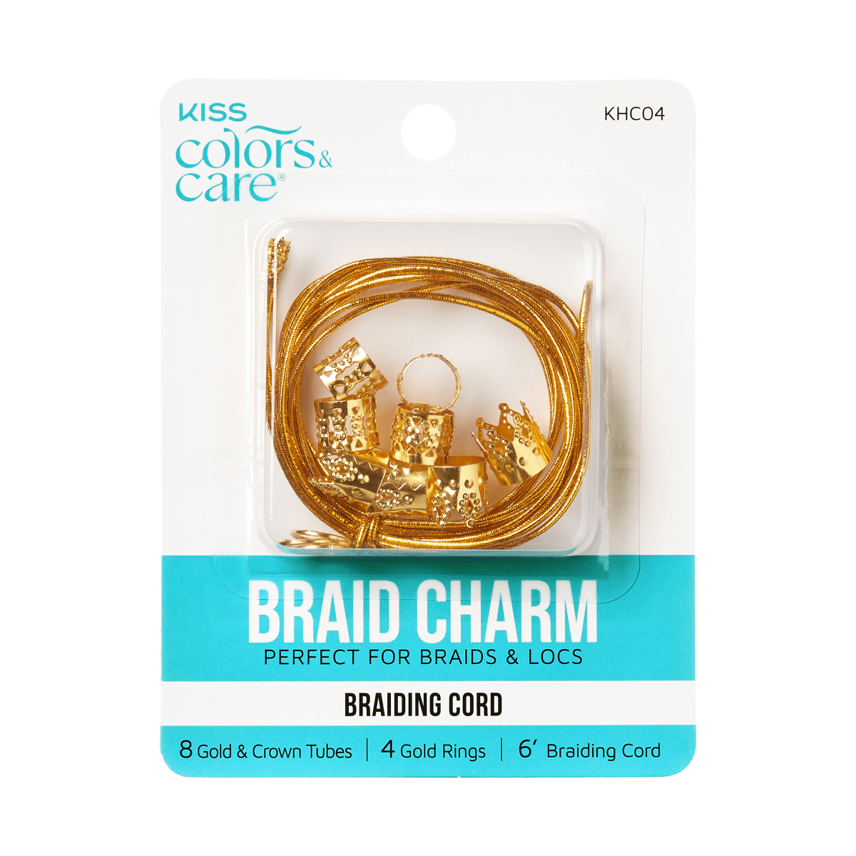 KISS Colors & Care metal hair styling braid charms in gold, including 8 crown tubes, 4 rings, and 6-foot braiding cord, displayed in clear plastic packaging.