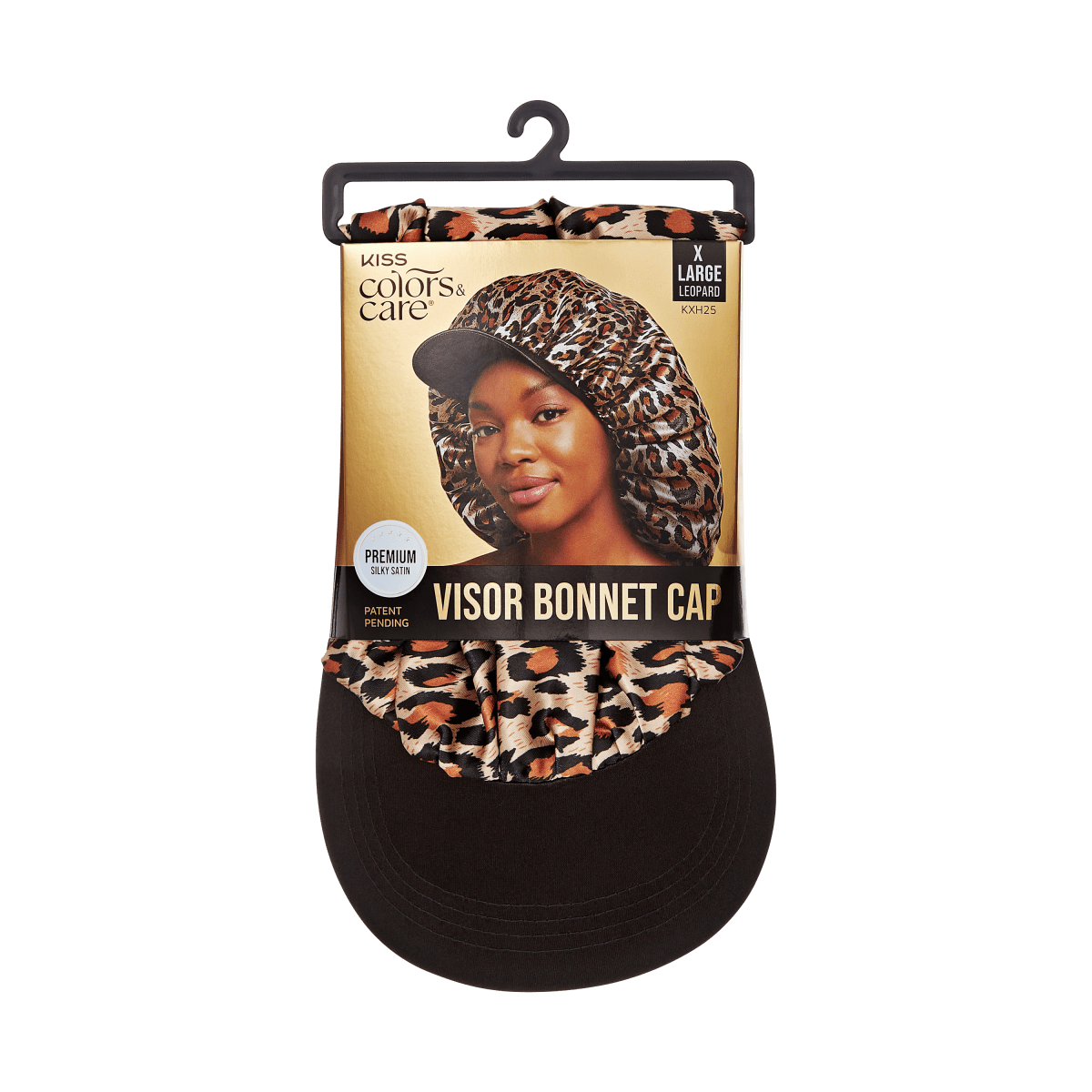 Leopard print silky satin visor bonnet cap in XL size displayed in packaging with a young woman modeling the bonnet and text highlighting \