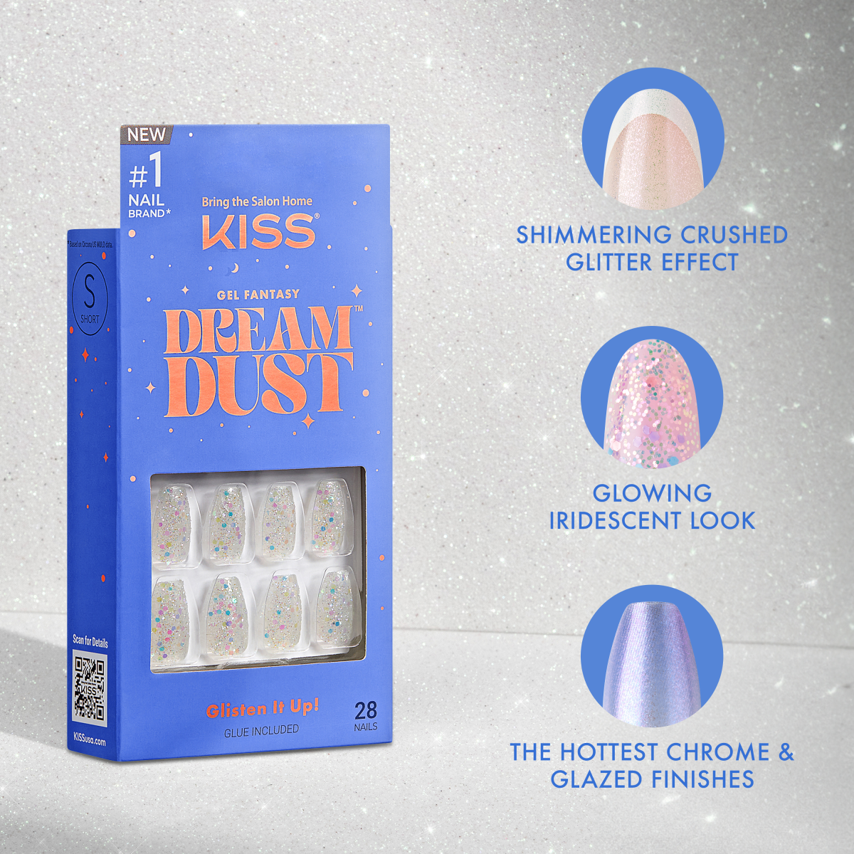 KISS Gel Fantasy Dreamdust, Press-On Nails, Caffeinated, Pink, Short Oval, 28ct