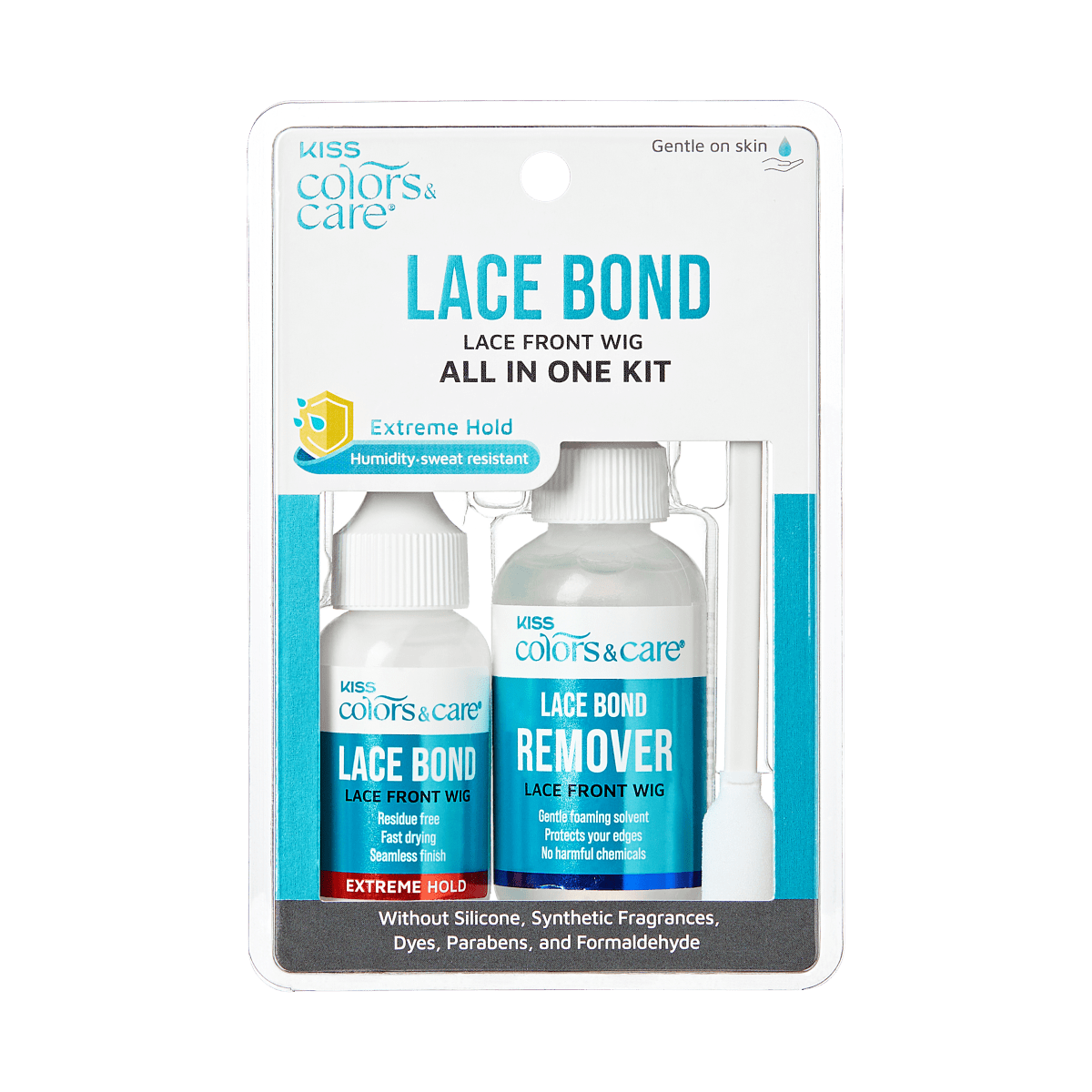 KISS Colors & Care Lace Bond Glue and Remover Kit with two white-capped bottles and an applicator, labeled for lace front wig use, offering extreme hold and gentle removal.