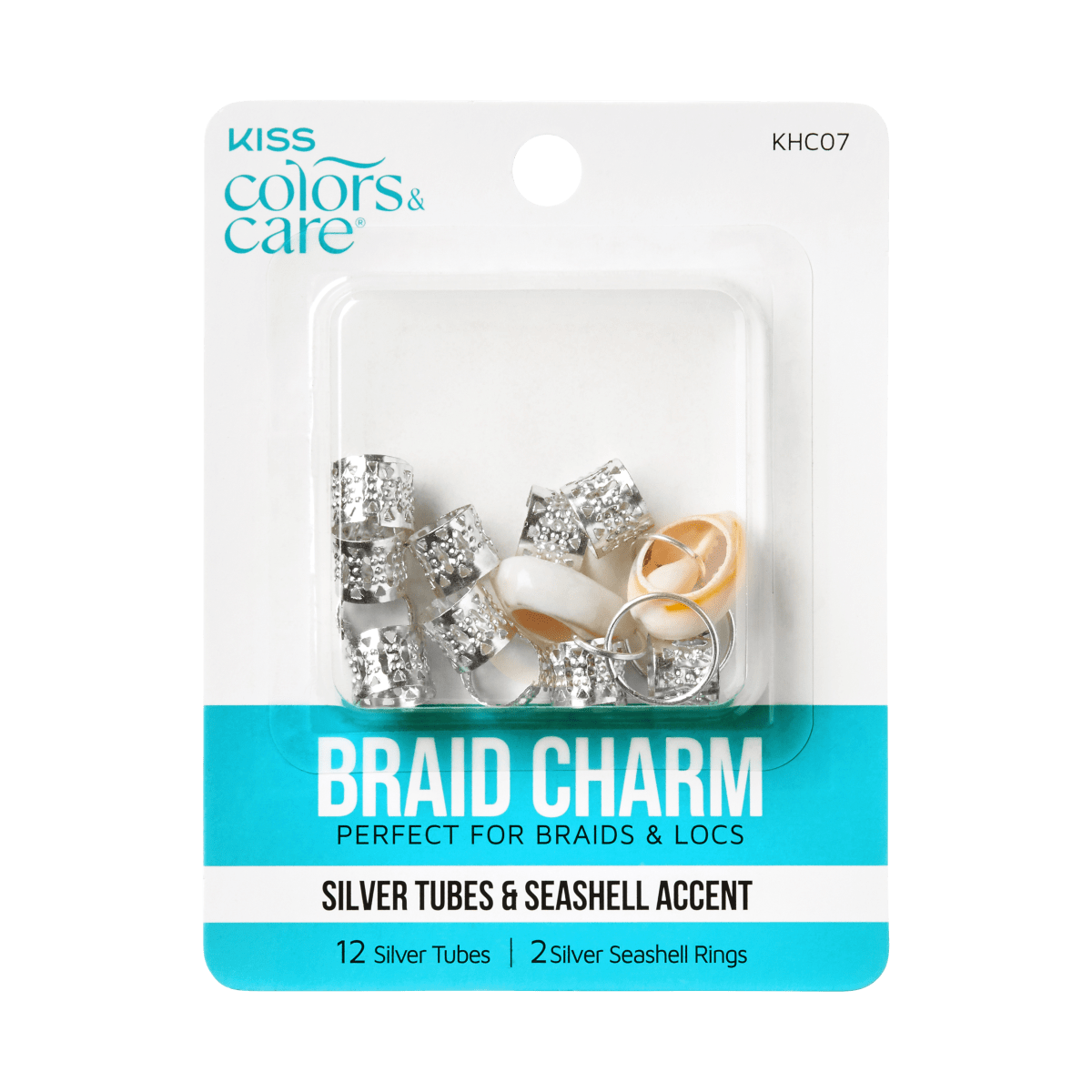 KISS Colors & Care Braid Charm package with 12 silver textured tubes and 2 seashell accent rings, labeled perfect for braids and locs.