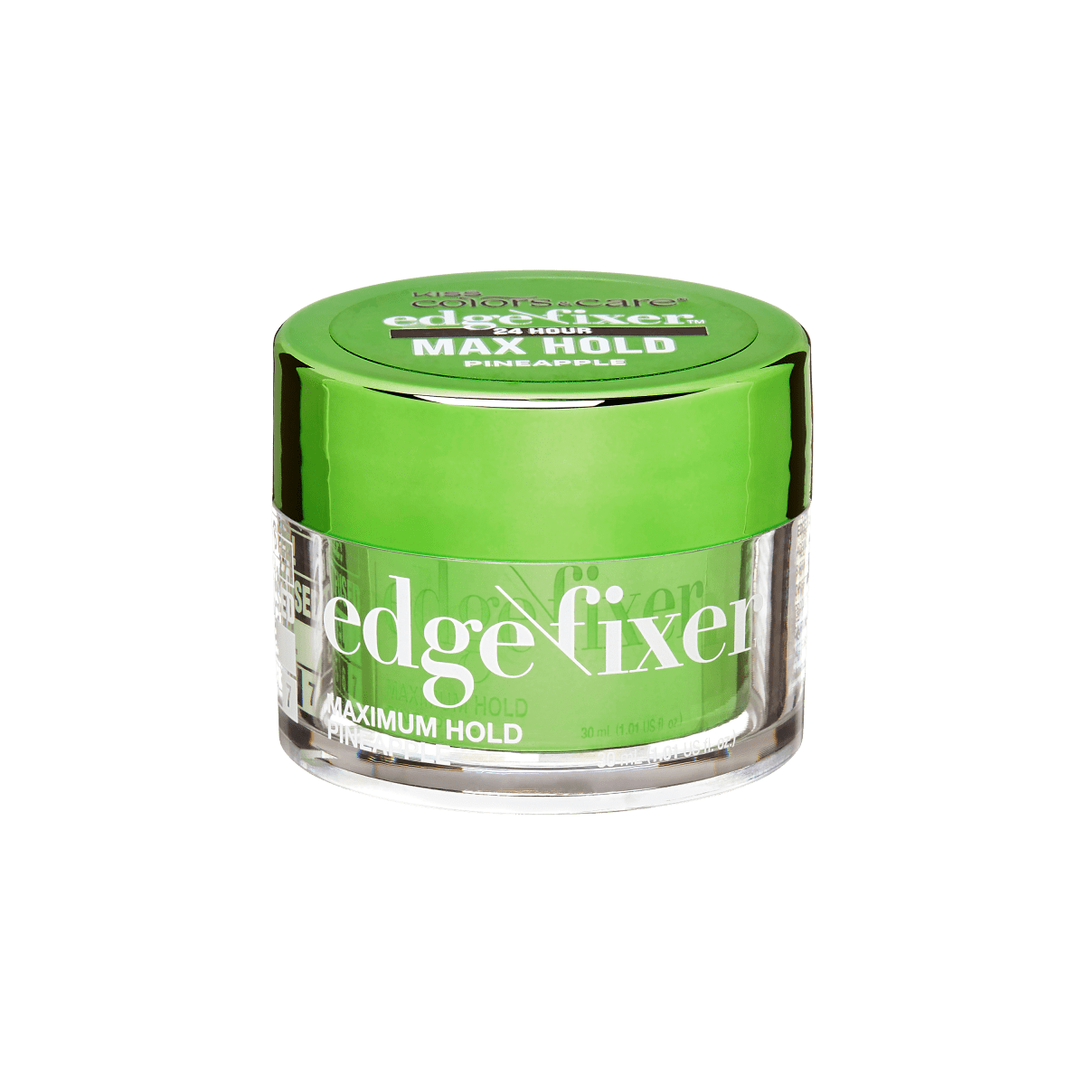 Small clear jar with a shiny green lid containing KISS Colors & Care Edge Fixer for maximum hold, pineapple scent, 30 mL size.
