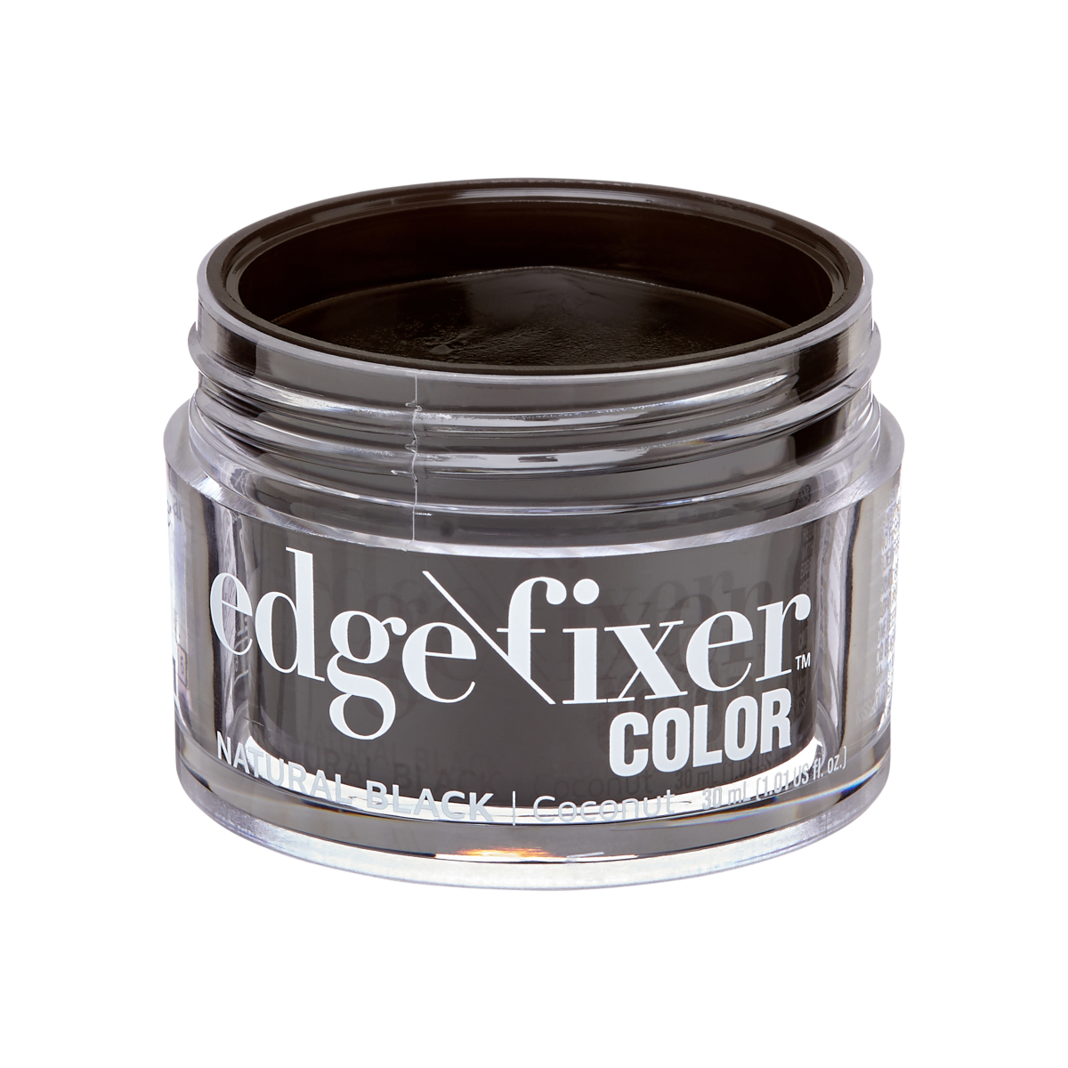 Small open jar of KISS Colors & Care Edge Fixer Color in natural black, showing a dark tinted product inside. Label highlights \