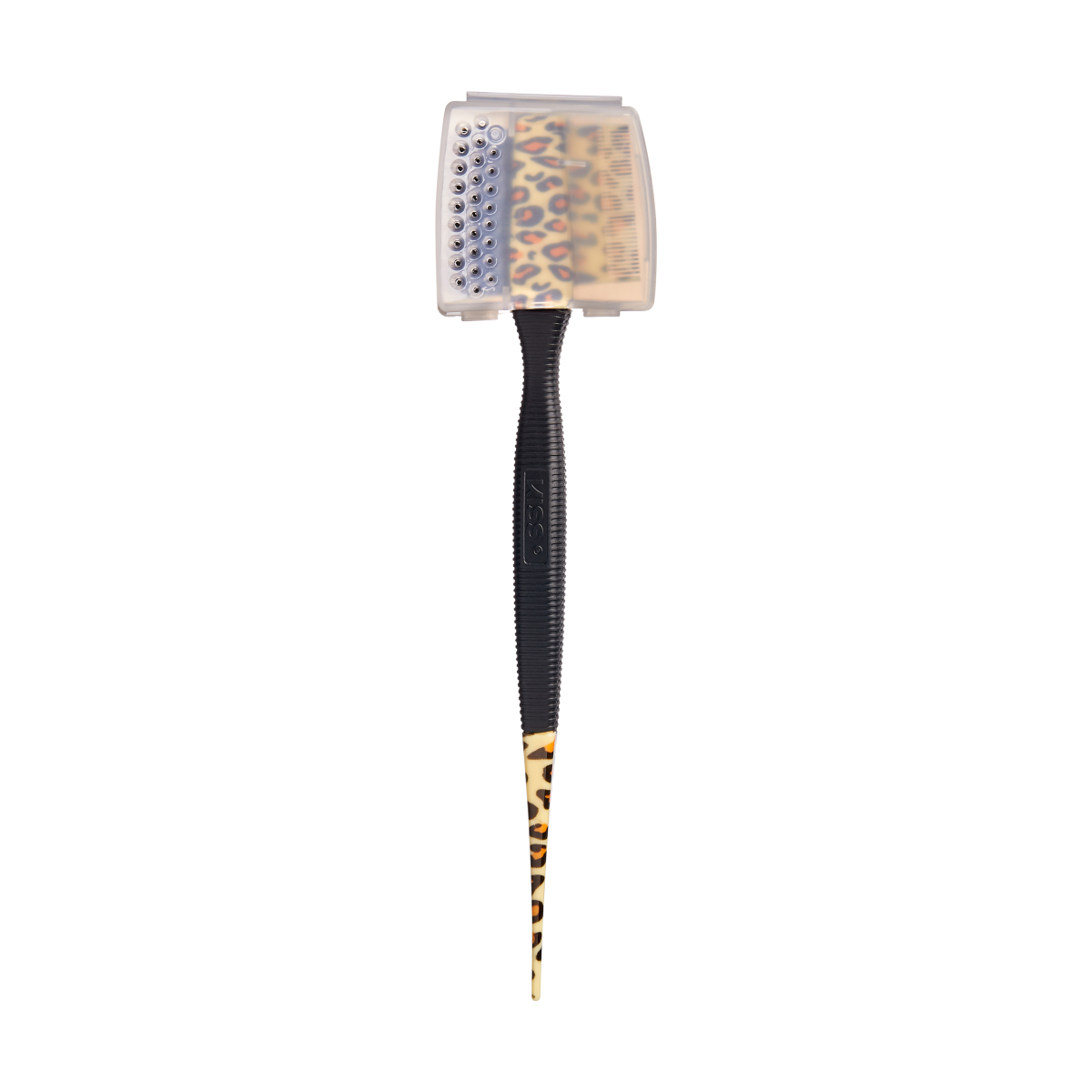 Black-handled edge brush with a leopard print tail and a transparent protective case covering the brush head.