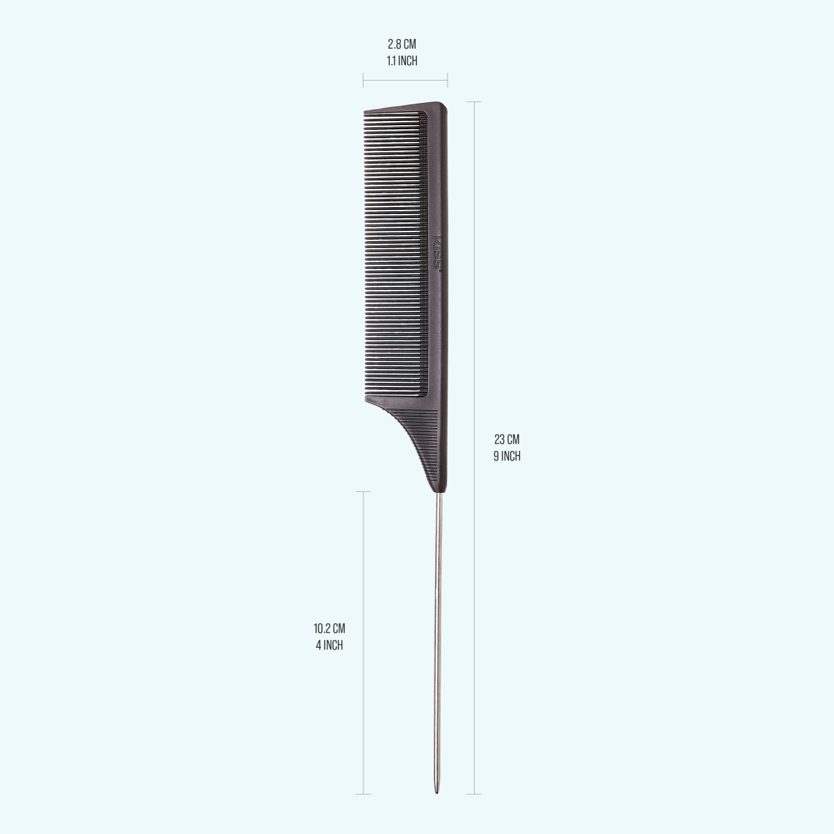 Black carbon fiber pin tail comb with fine teeth and a metal pointed tail, showing dimensions of 23 cm (9 inches) length and 2.8 cm (1.1 inch) width.
