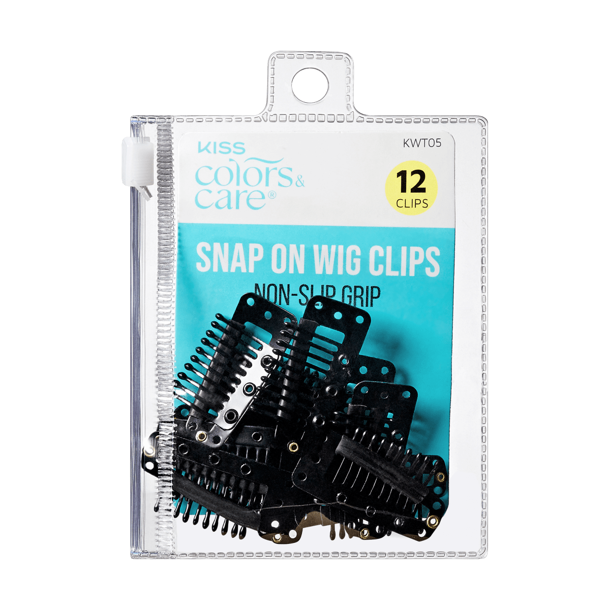 KISS Colors & Care package of 12 black snap-on wig clips with non-slip grip, visible through clear resealable plastic pouch.