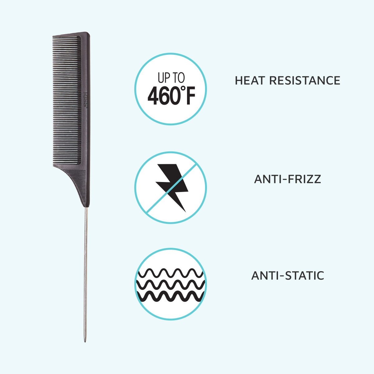 Black carbon fiber pin tail comb with fine teeth and long metal tail, highlighting heat resistance up to 460°F, anti-frizz, and anti-static features.