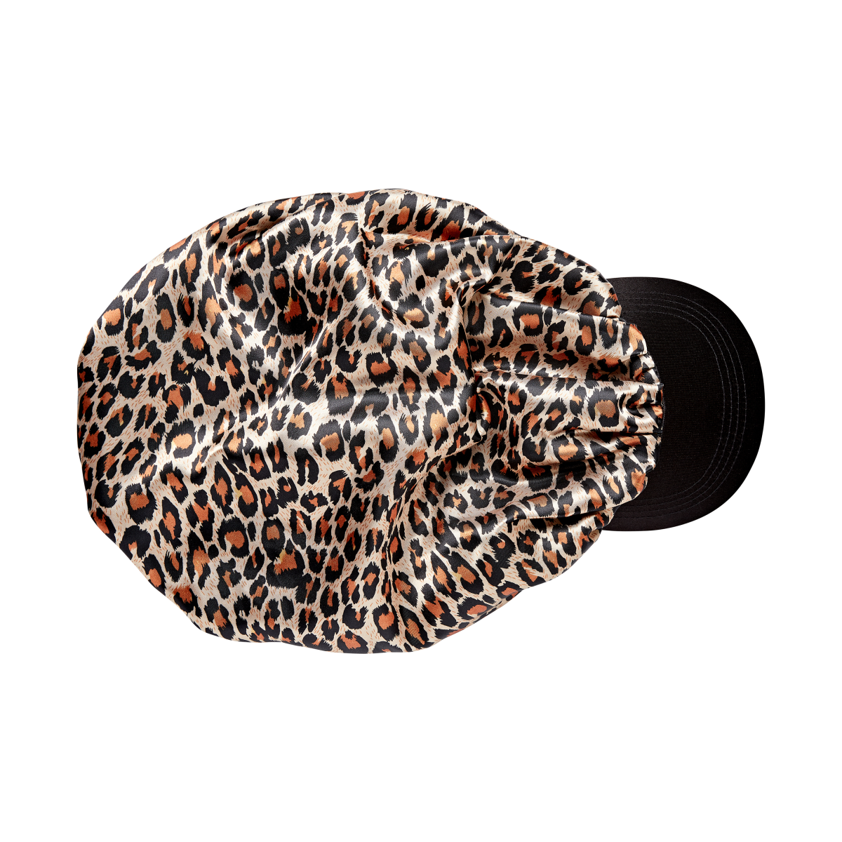 Silky satin bonnet cap with an XL fit, featuring a leopard print fabric and black visor, shown flat on a white background.
