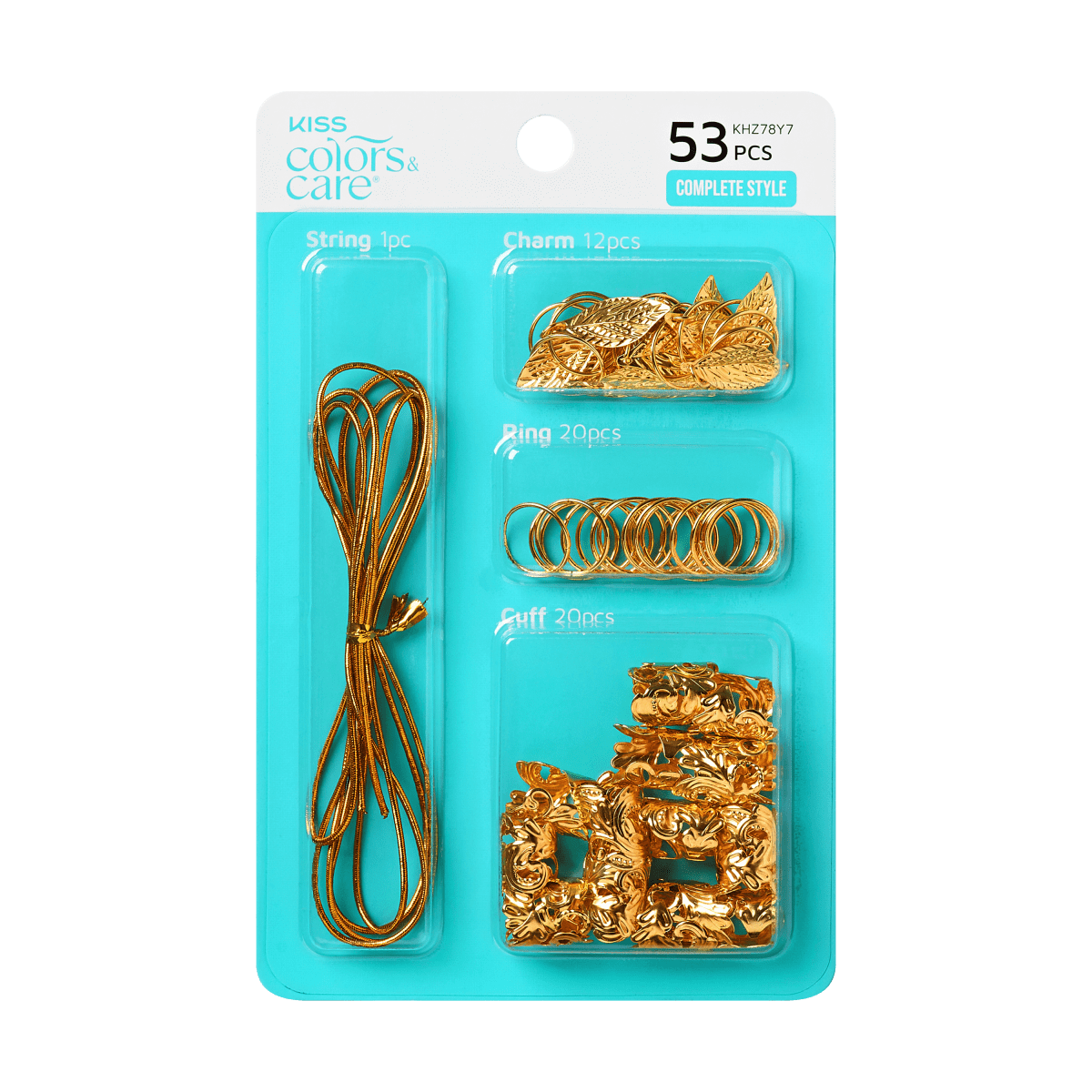 KISS Colors & Care Luxe Braid Charm Kit packaging in teal with 53 gold-tone pieces including braided string, leaf charms, rings, and decorative cuffs.