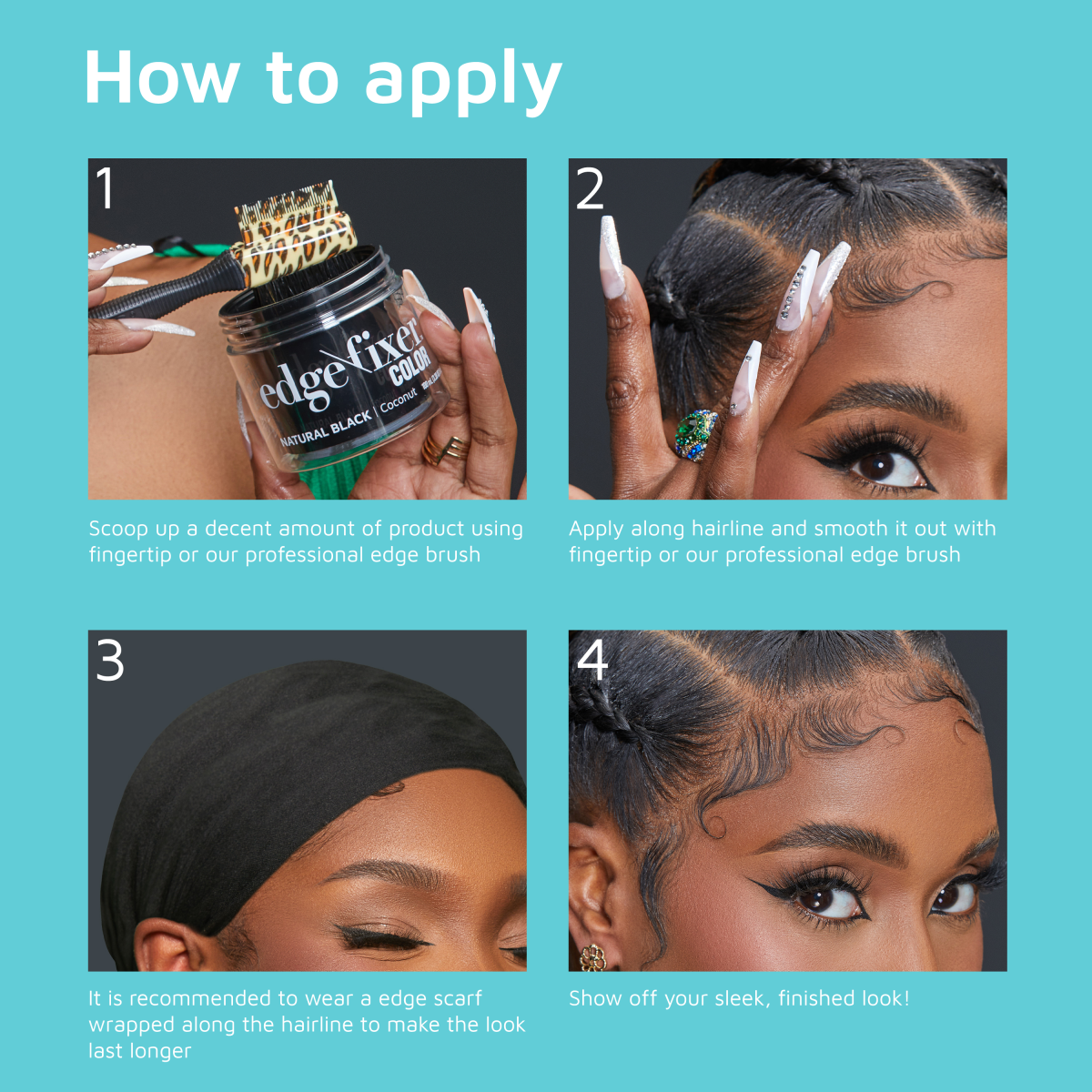 Four-panel instructional graphic on applying KISS Colors & Care Edge Fixer in Natural Black. Step 1 shows a hand holding an open jar labeled \