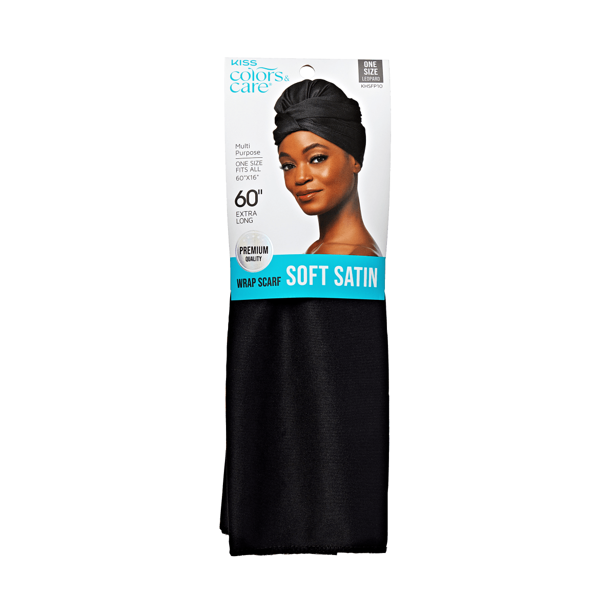 Black satin wrap scarf folded and packaged with a label showing a woman wearing the scarf wrapped on her head. Label text highlights \
