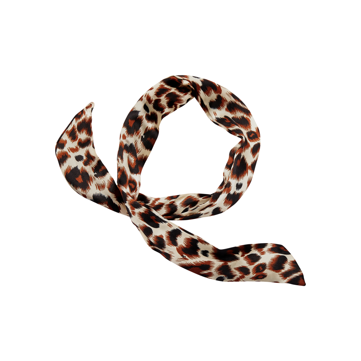 Black and leopard print silky satin scrunchie with a flexible wired design, shaped in a loose loop on a white background.
