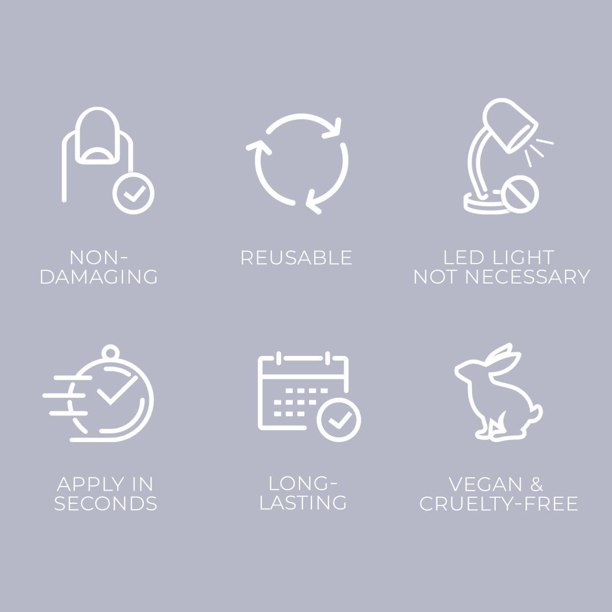 Icons on a lavender background highlight features of KISS Gel Fantasy Nails: non-damaging, reusable, no LED light needed, quick application, long-lasting, and vegan cruelty-free.