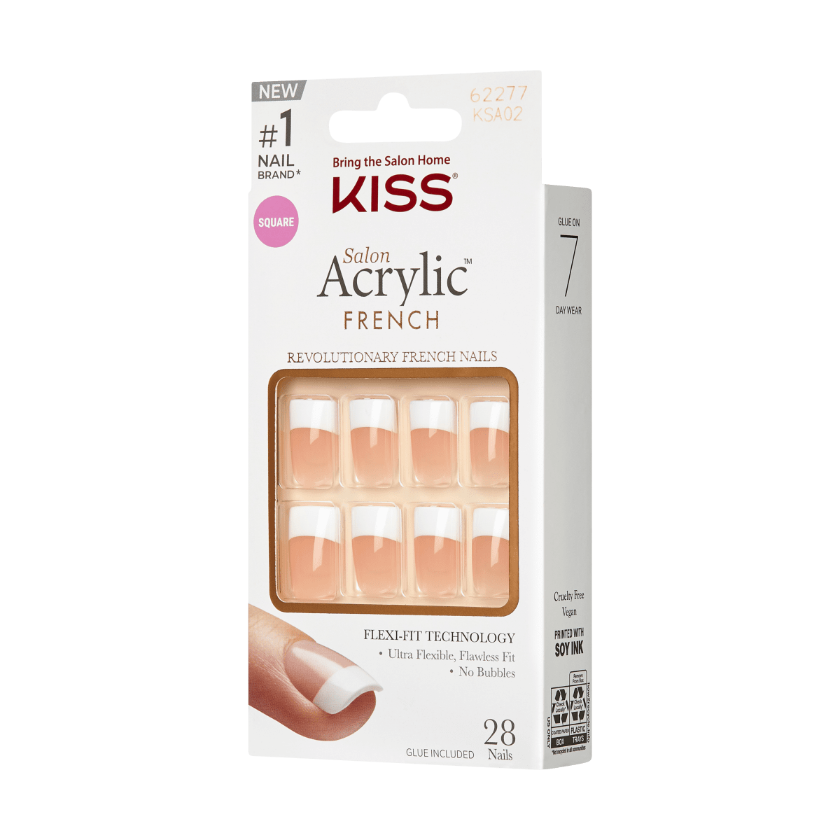 Packaging for KISS Salon Acrylic French nails in classic french tip design and short, square shape. 28 artificial nails and nail glue included.