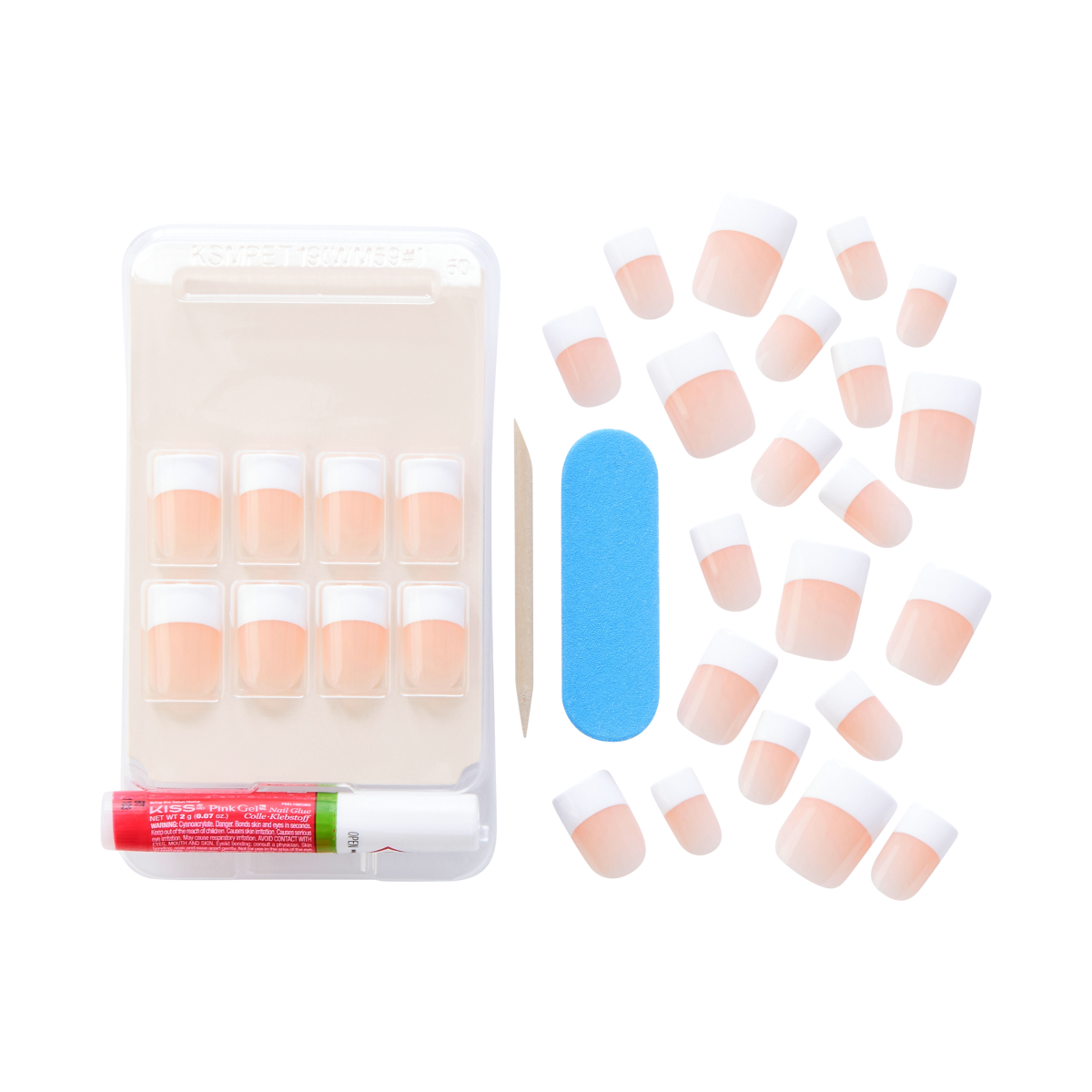 Contents of the KISS Salon Acrylic French nail kit. Includes 28 short, square French tip nails, nail glue, nail file, and wooden nail tool.