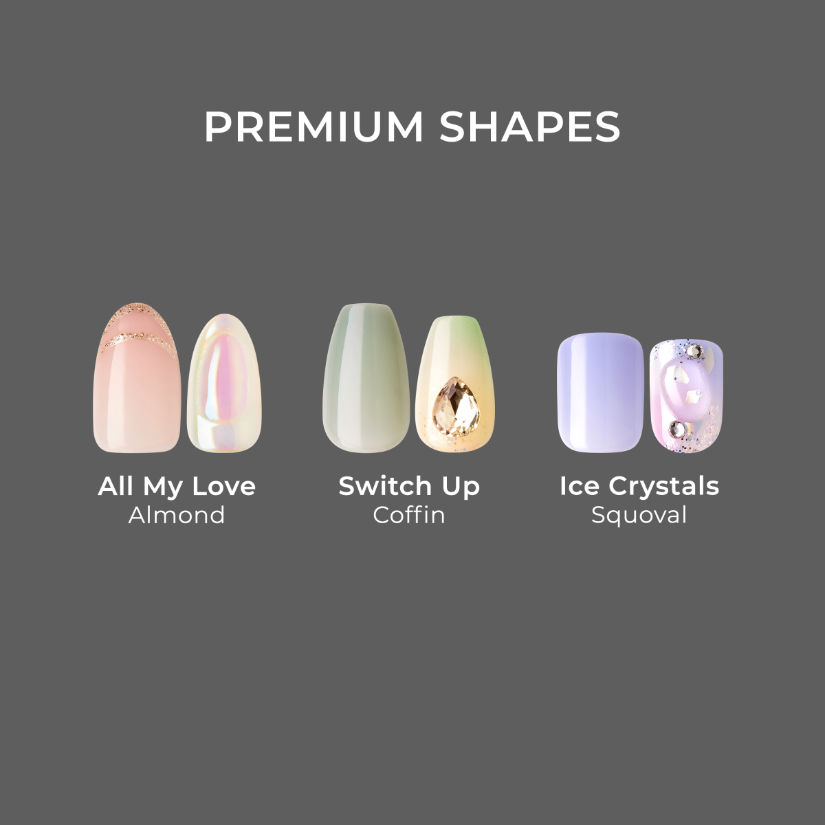 Three sets of premium press-on manicures on a gray background with text \