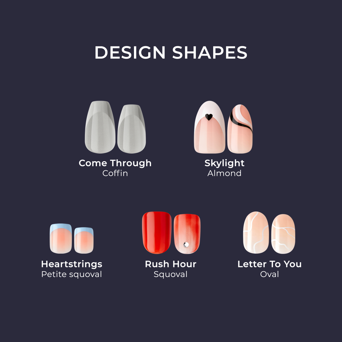 Five pairs of press-on nails displayed on a dark background, labeled with design names and shapes: Come Through (coffin, clear textured), Skylight (almond, nude with black heart and swirls), Heartstrings (petite squoval, nude with blue tips), Rush Hour (squoval, glossy red and g…