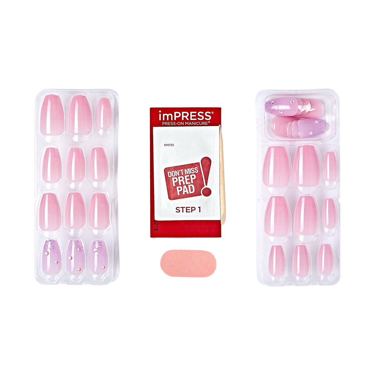 Two clear trays of pink press-on nails with glittery ombre accent nails, a red and white imPRESS prep pad packet labeled \