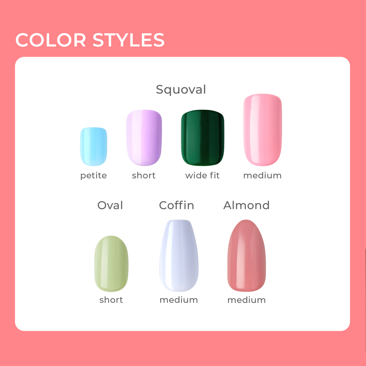 Various imPRESS Color Press-On Manicure nail styles displayed on a white background with coral border.