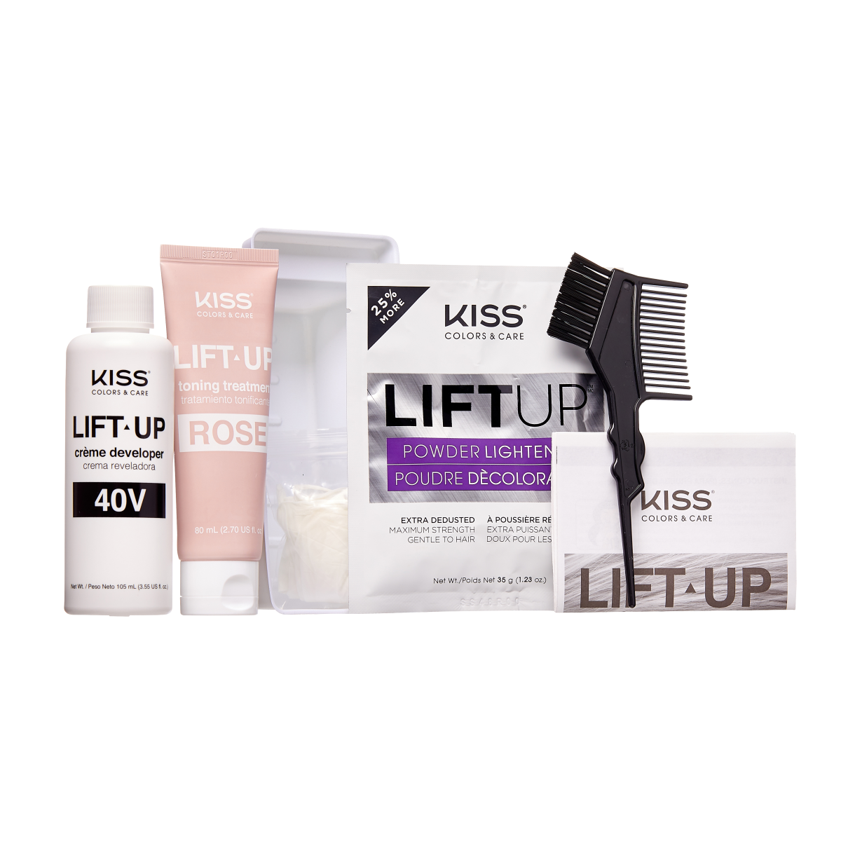 KISS Lift Up bleach and tone kit with 40V crème developer bottle, rose toning treatment tube, powder lightener packet, mixing tray, gloves, and black dual-sided hair applicator comb.