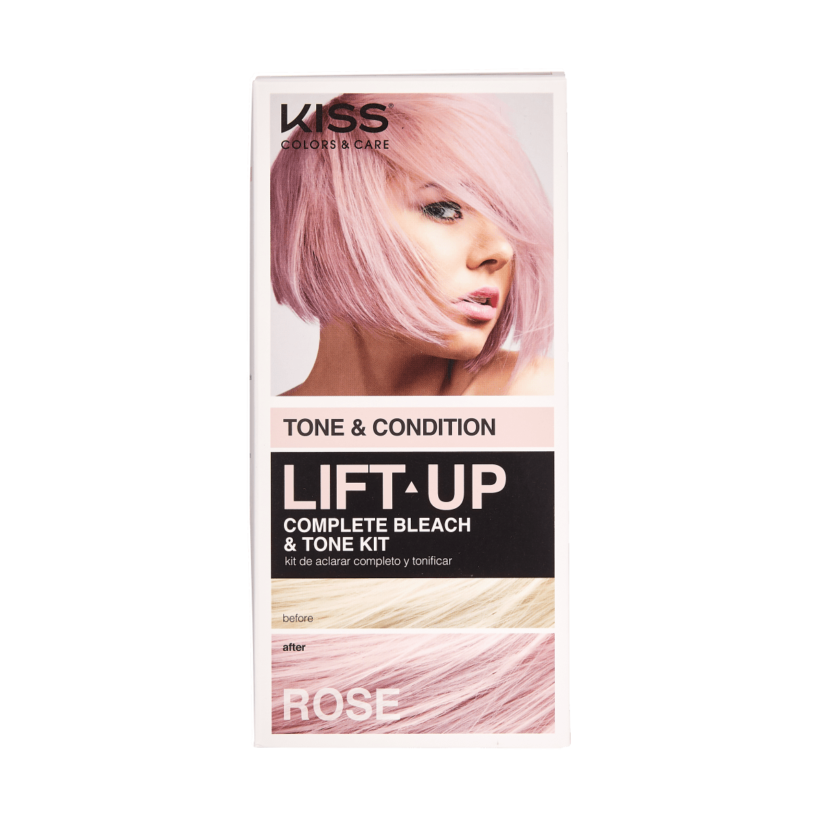 KISS Lift Up Complete Bleach & Tone Kit in Rose, packaging shows a woman with short rose-pink hair, \