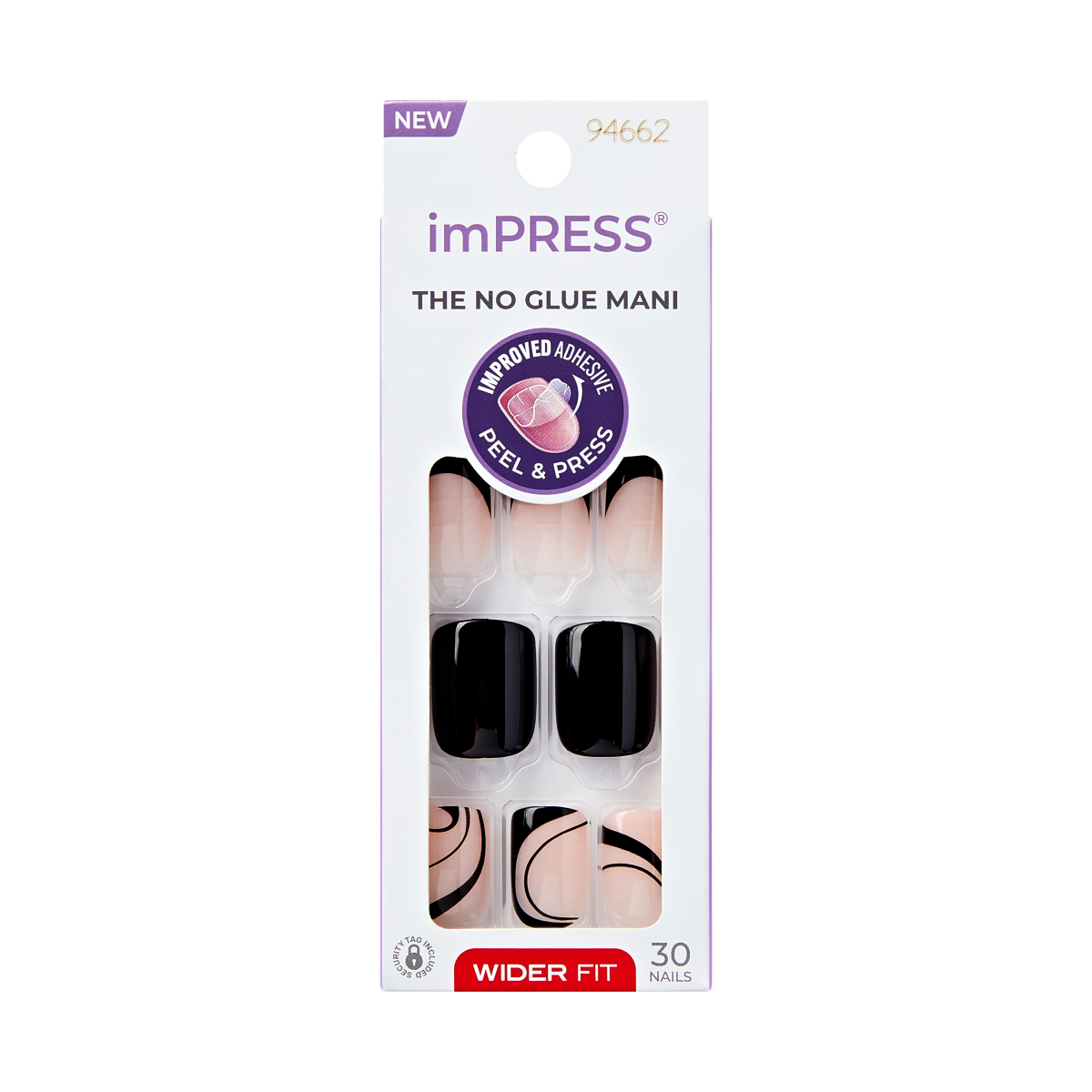 imPRESS press-on manicure pack featuring 30 wide fit nails in black, nude with black tips, and nude with black swirl designs. Packaging states “The No Glue Mani” with improved adhesive for peel and press application.