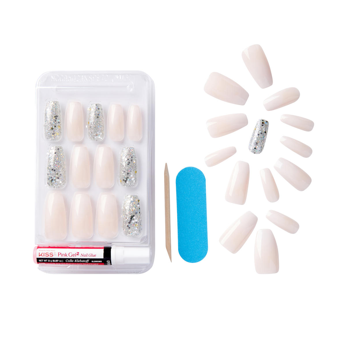 Set of KISS Gel Fantasy Nails in nude and silver glitter, including 14 nails, pink gel nail glue, wooden stick, and blue nail file, displayed on white background.