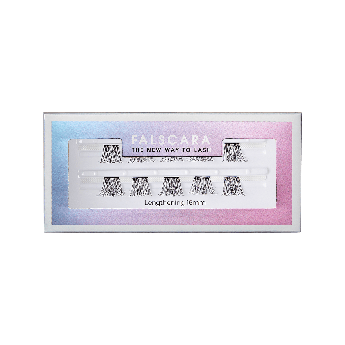 FALSCARA Lengthening Wisps single pack with 16mm black lash clusters in a box featuring a gradient blue to pink border and text \