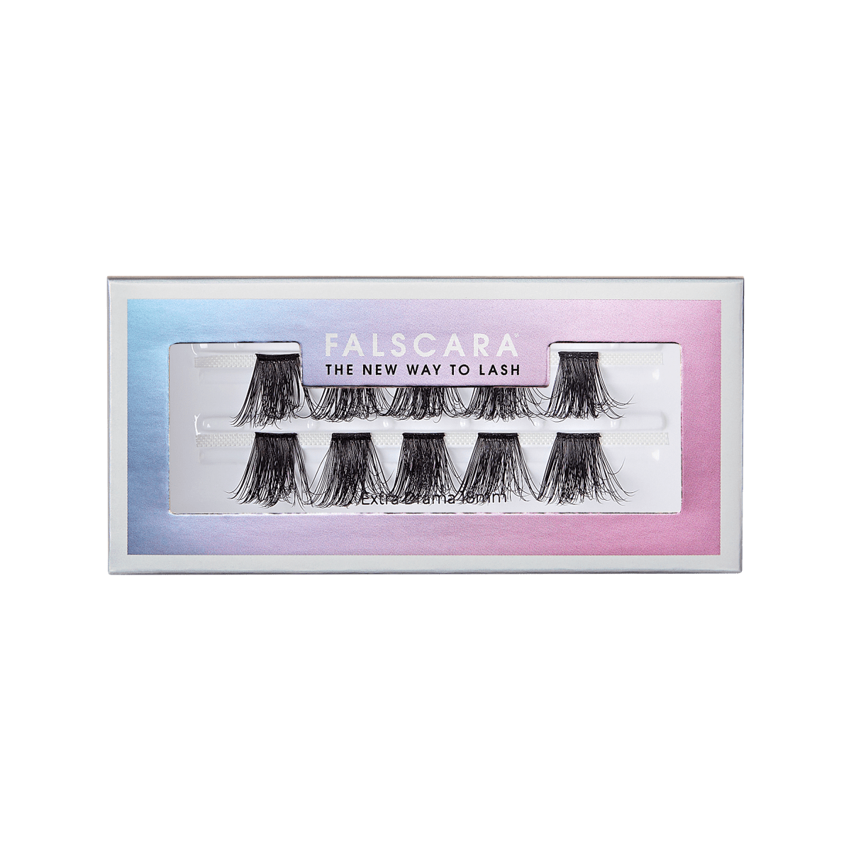 FALSCARA Extra Drama Wisps eyelash extensions in black, displayed in a rectangular box with gradient blue-to-pink border and the text \