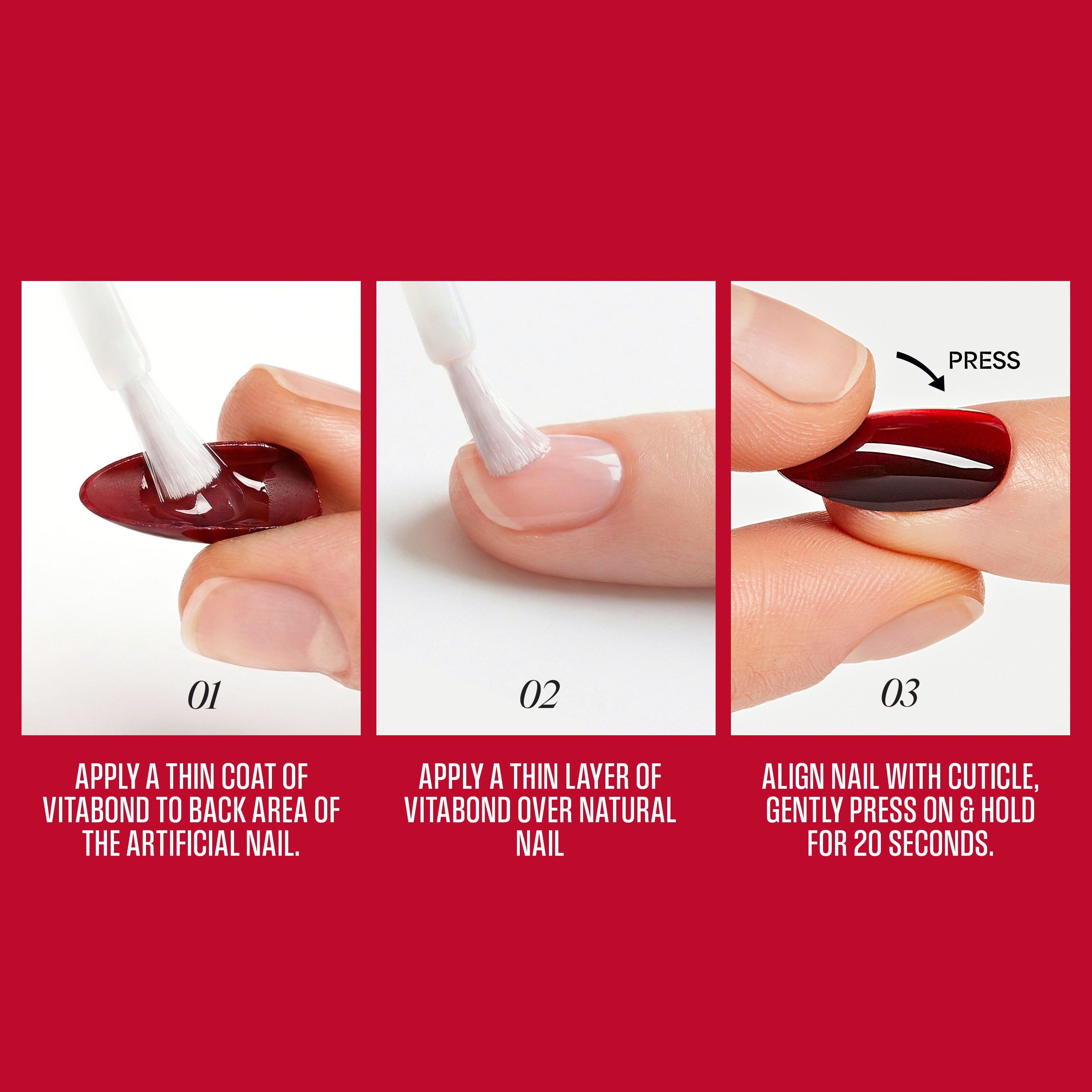Step-by-step guide on applying a nail product with text instructions on a red background.