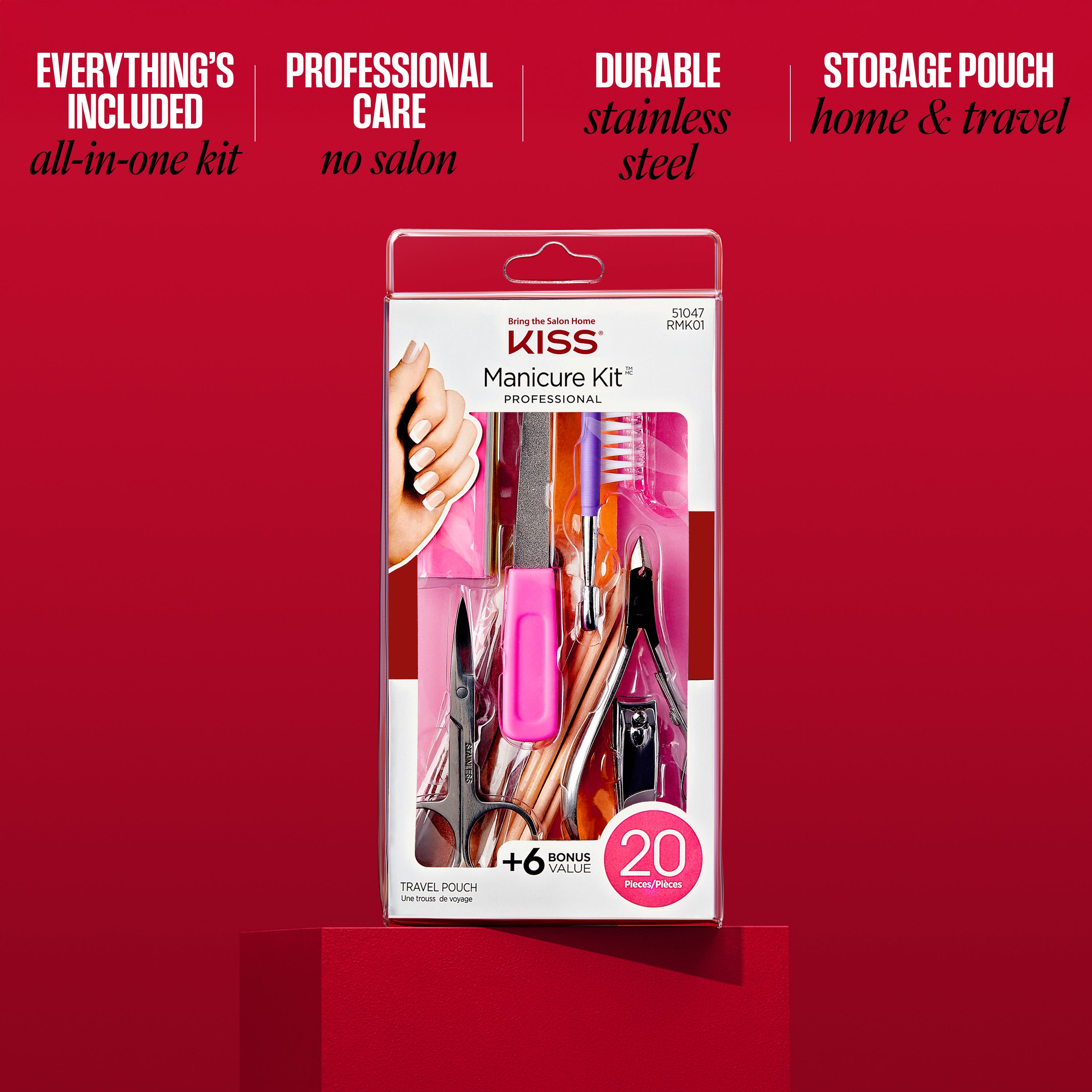 Kiss Manicure Kit packaging on a red background with product details.