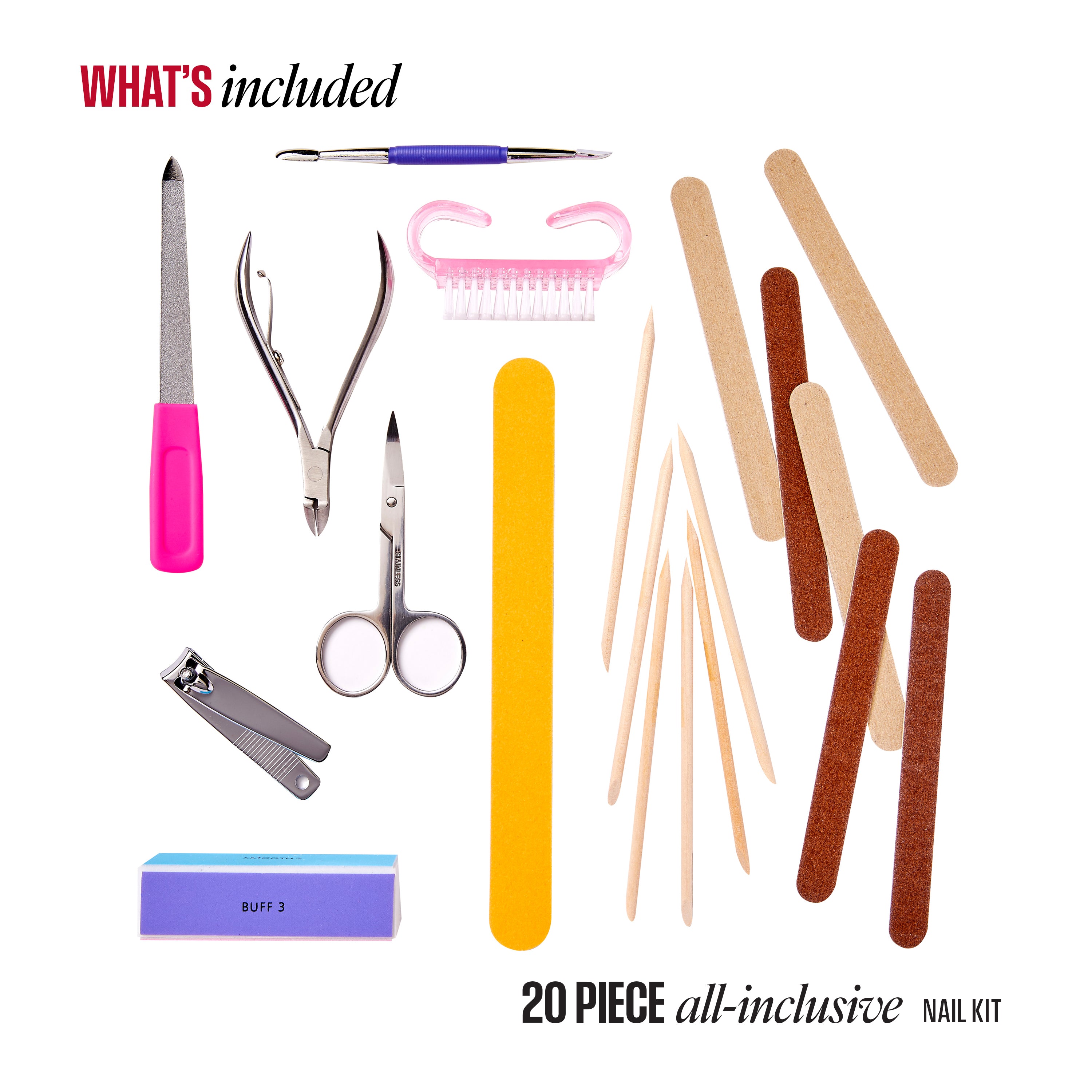 20-piece nail kit with various tools on a white background