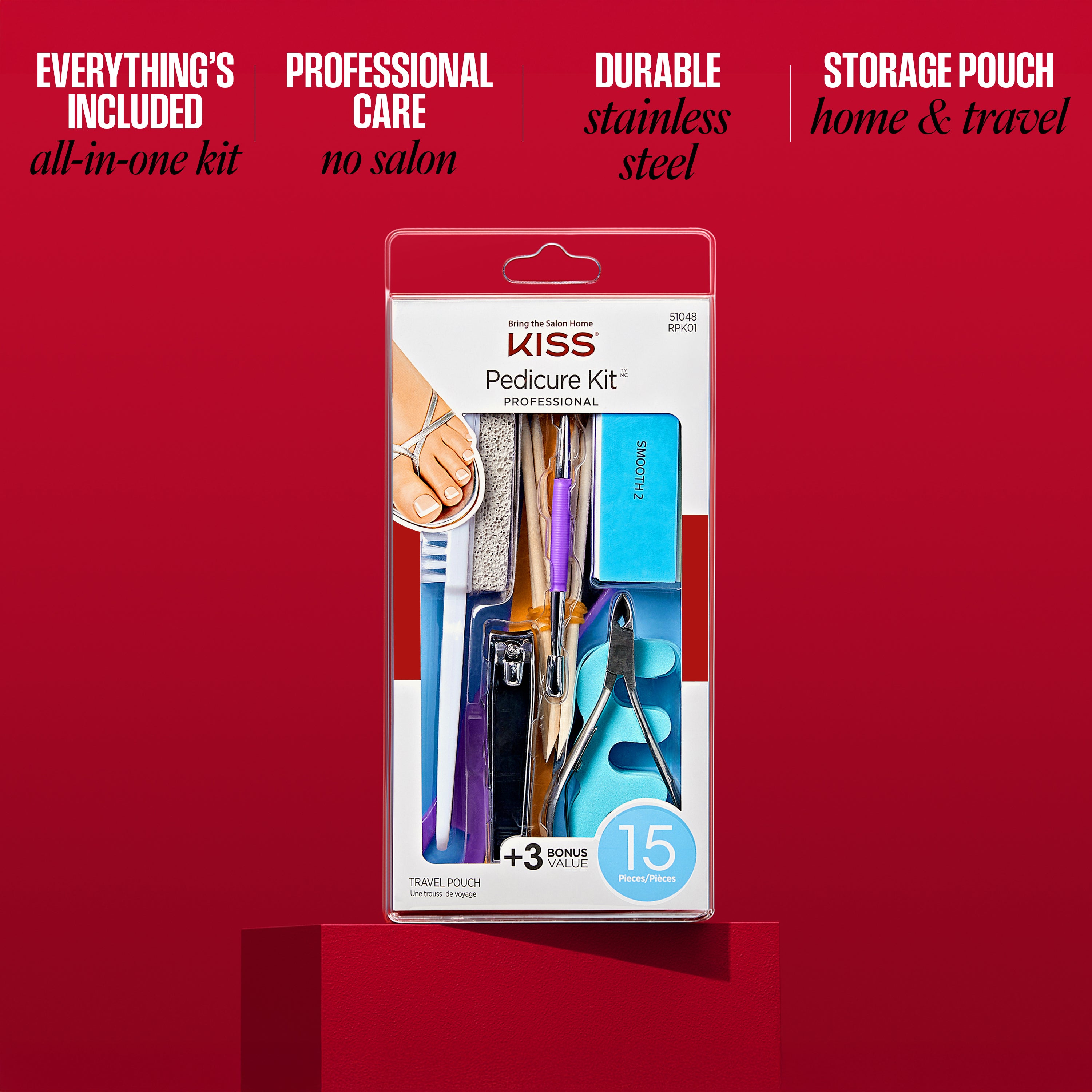 Kiss Pedicure Kit packaging on a red background with product details.