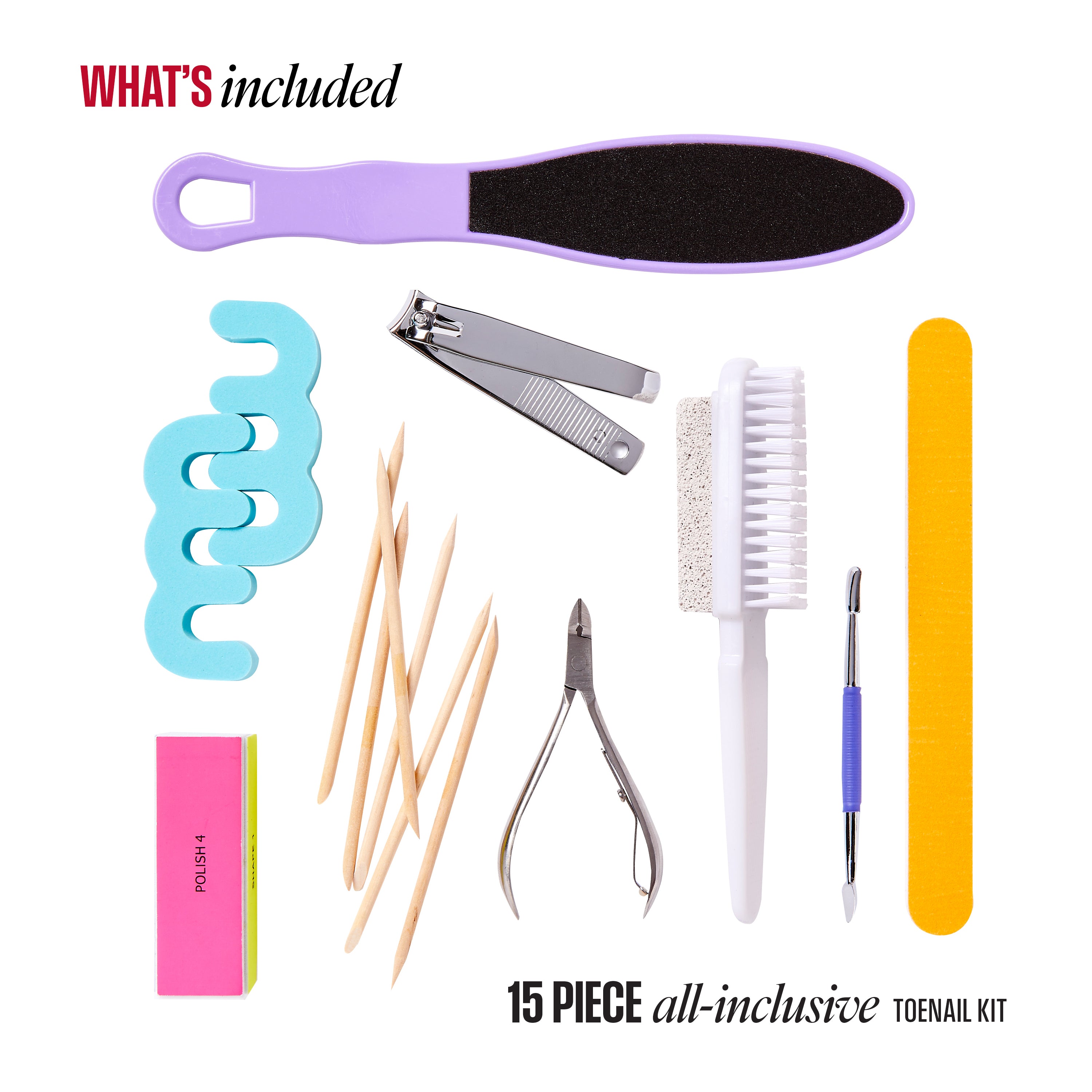 15-piece all-inclusive toenail kit with various tools on a white background