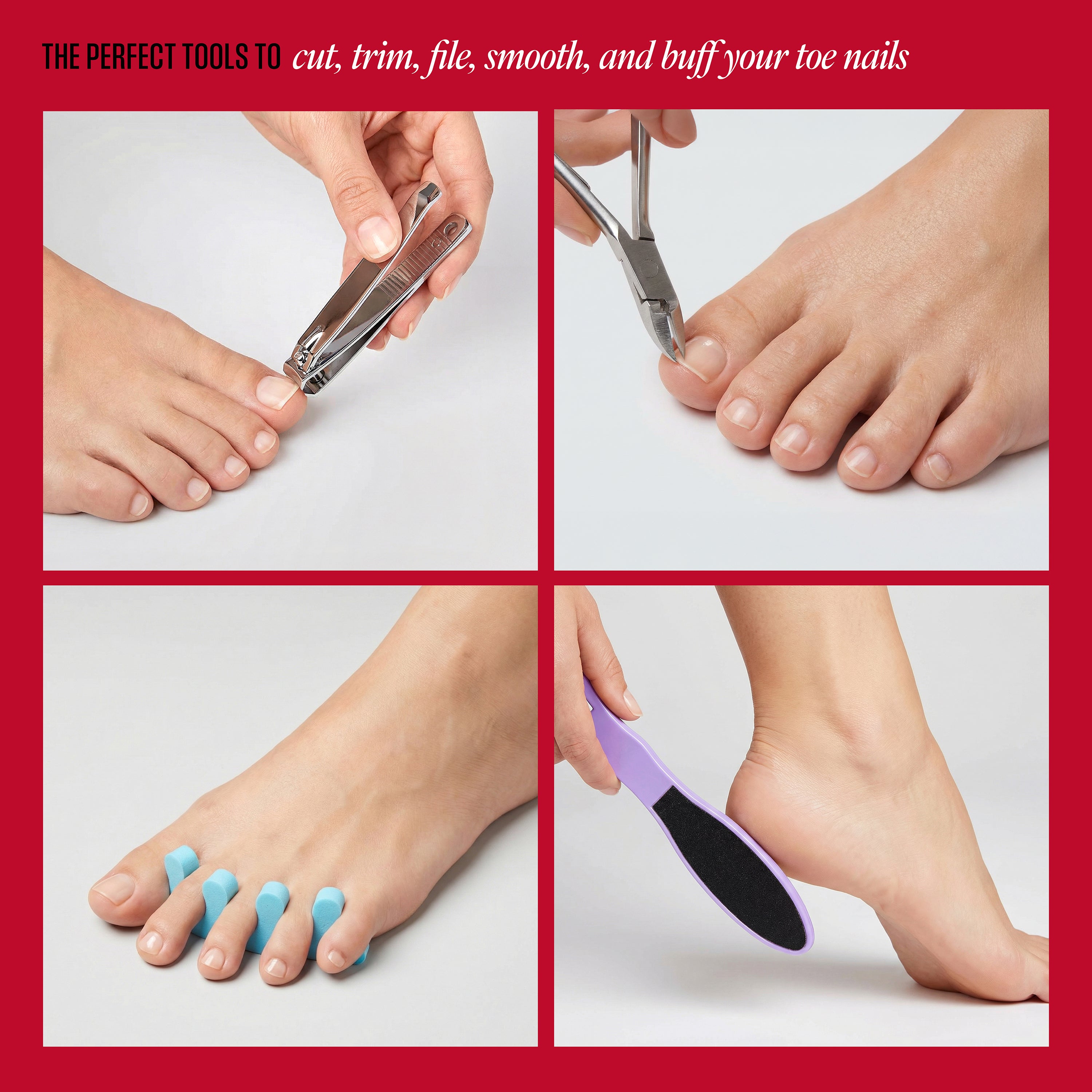 Steps to cut, trim, file, smooth, and buff toe nails using various tools.